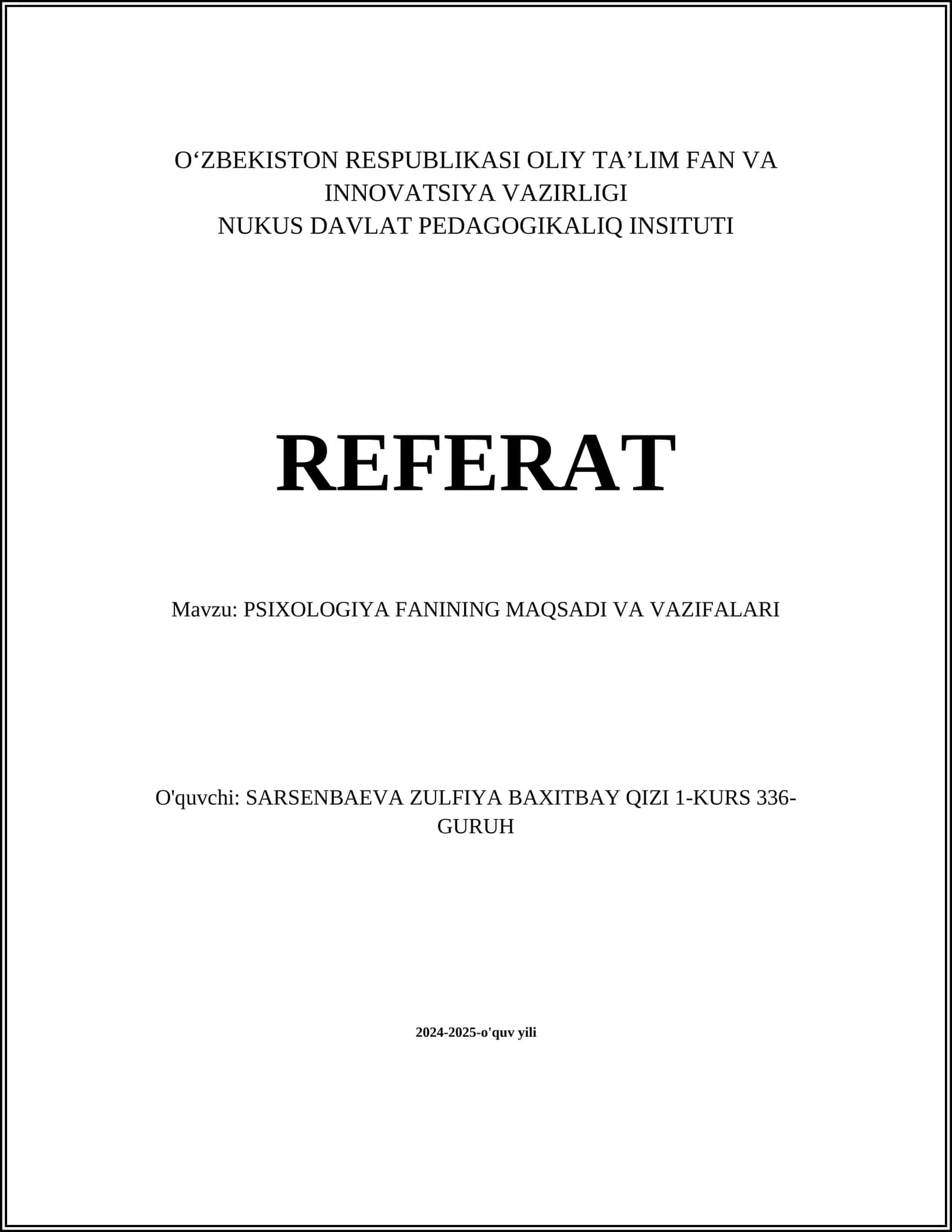 PSIXOLOGIYA FANINING MAQSADI VA VAZIFALARI