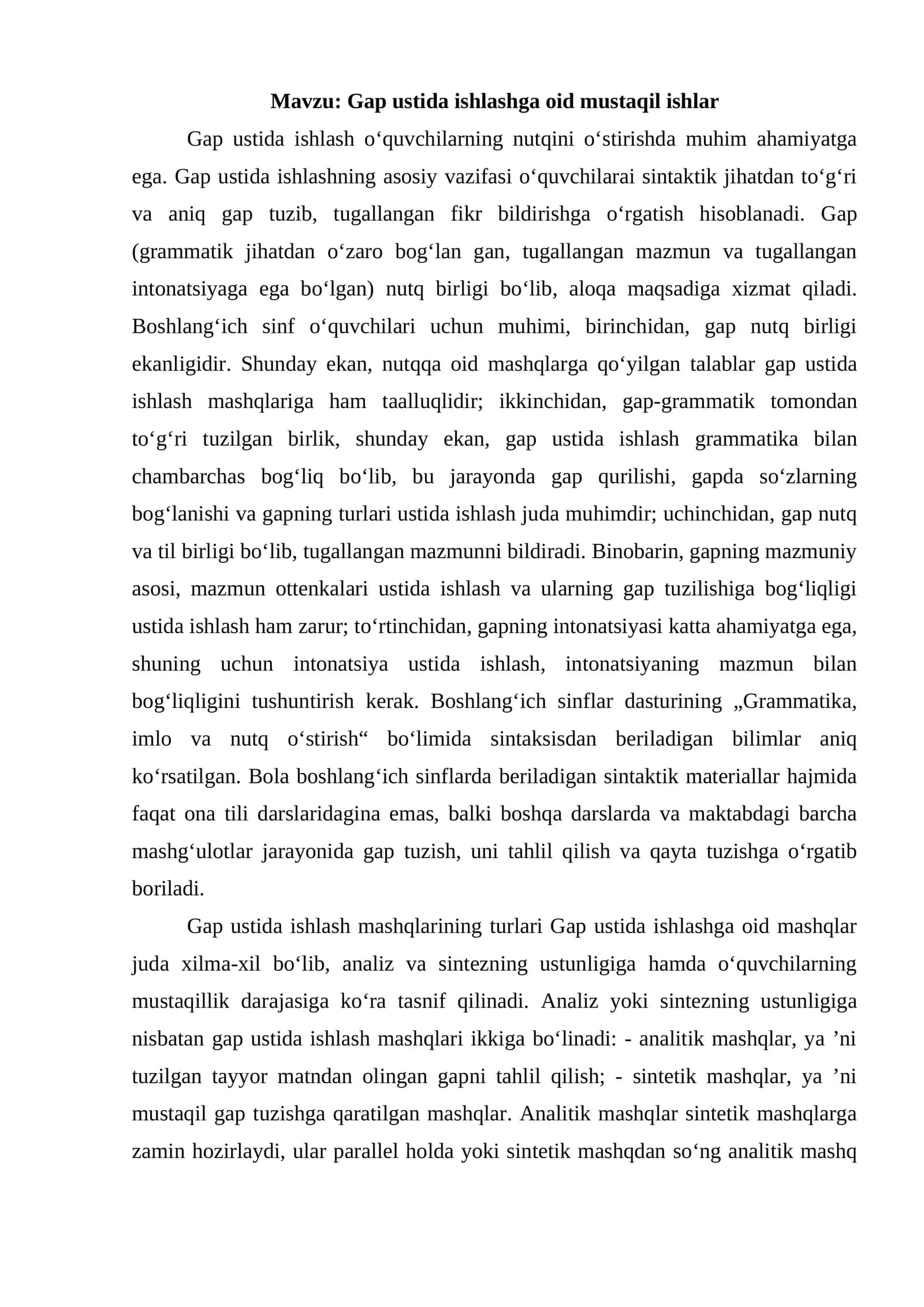 Gap ustida ishlashga oid mustaqil ishlar