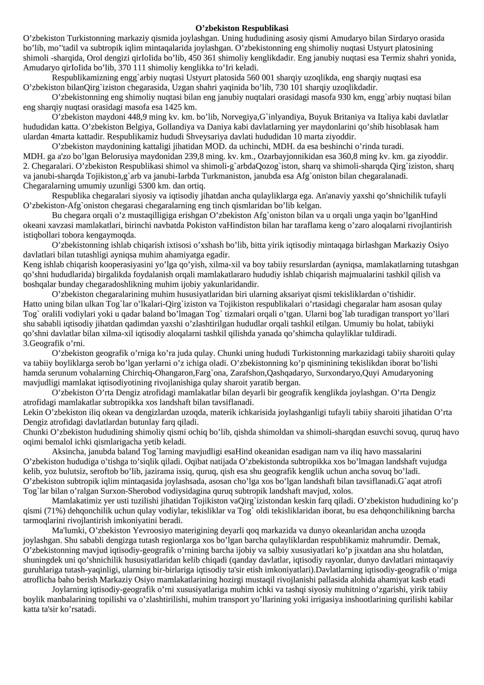 O’zbekiston Respublikasi Geografiyasi