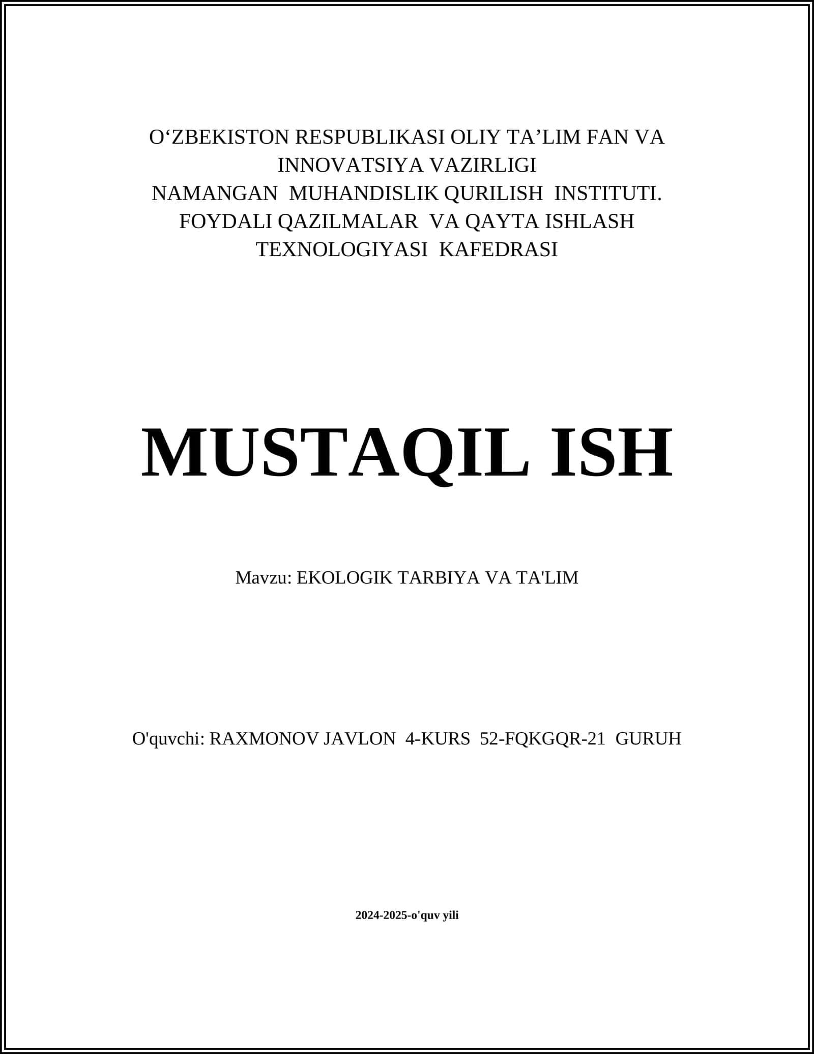 EKOLOGIK TARBIYA VA TA'LIM