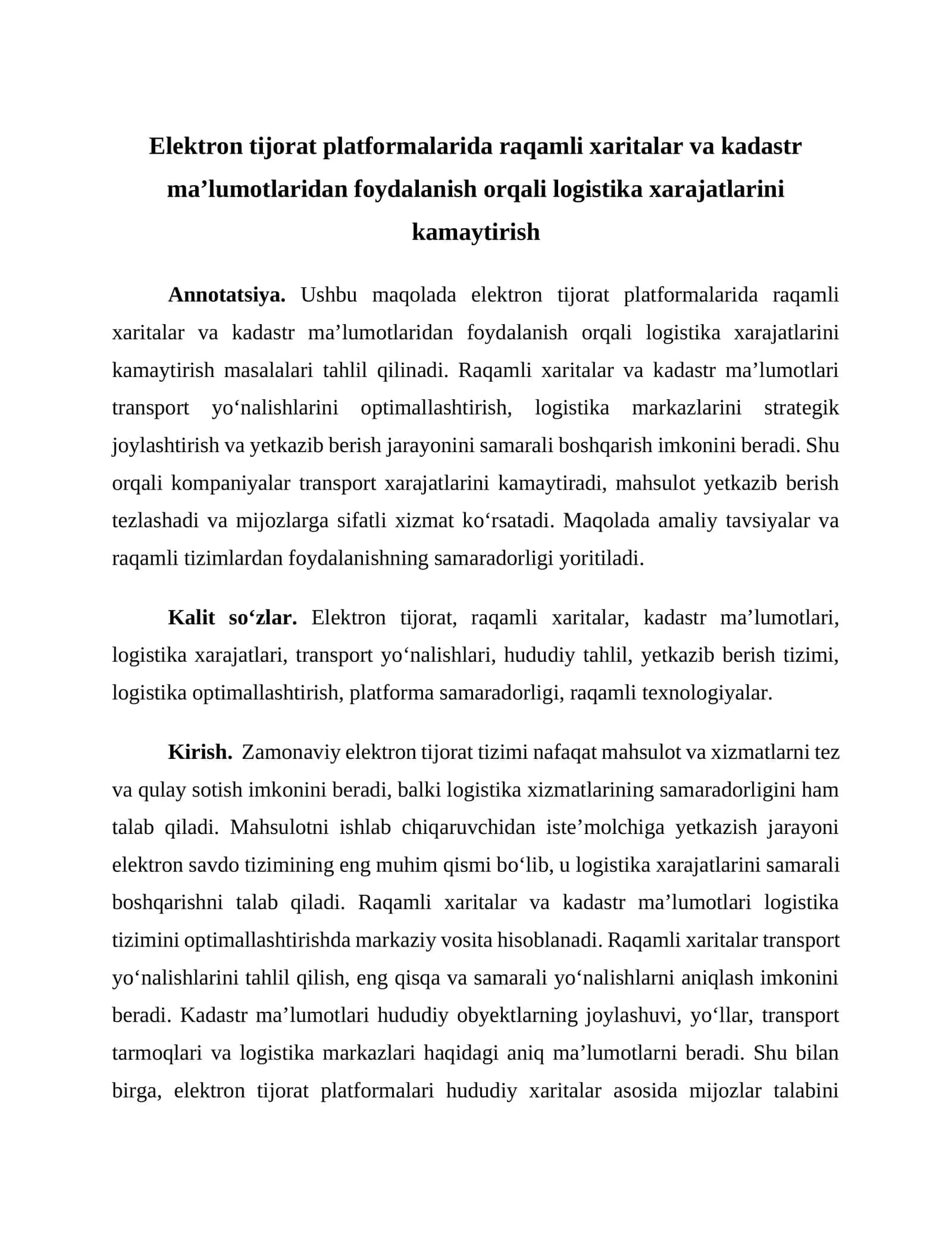 Elektron tijorat platformalarida raqamli xaritalar va kadastr ma’lumotlaridan foydalanish orqali logistika xarajatlarini kamaytirish
