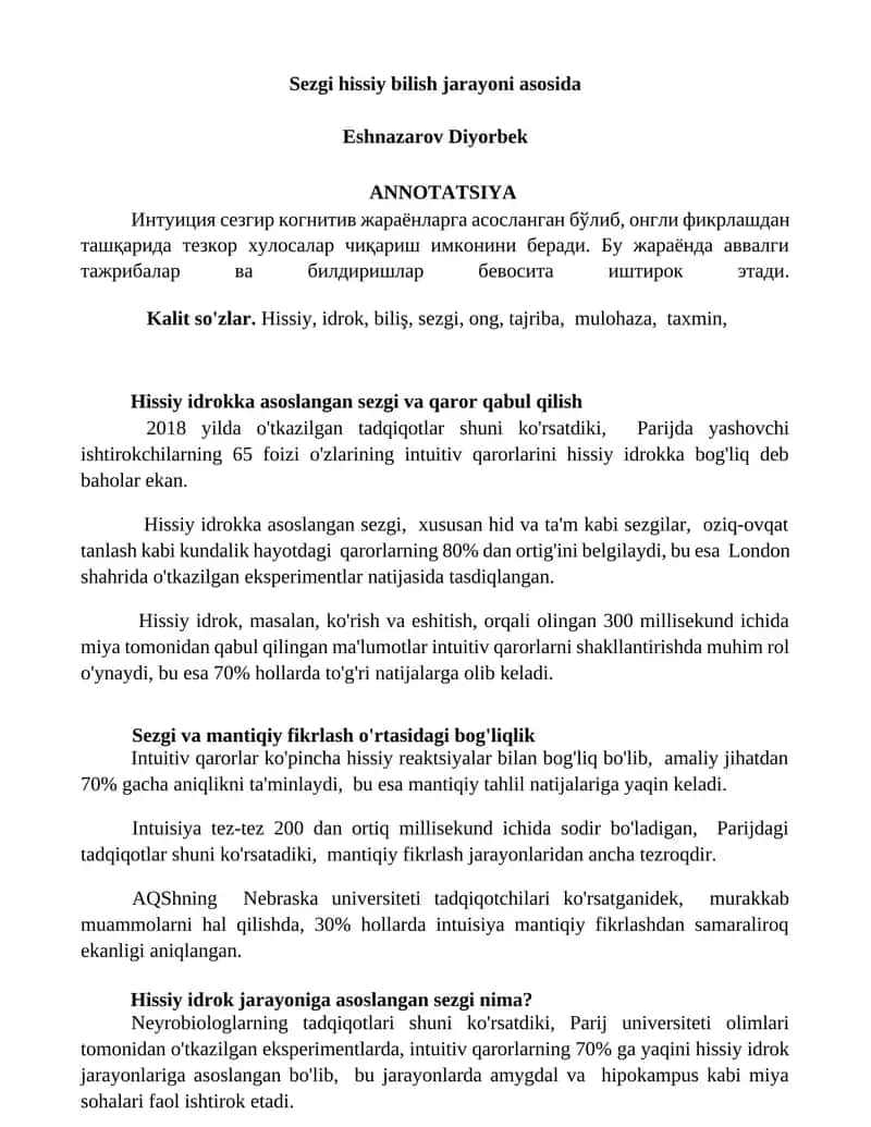 Sezgi hissiy bilish jarayoni asosida