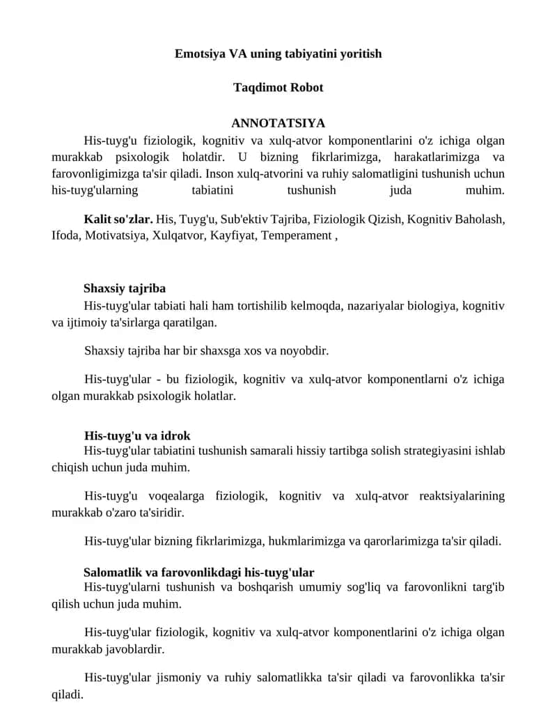 Emotsiya VA uning tabiyatini yoritish