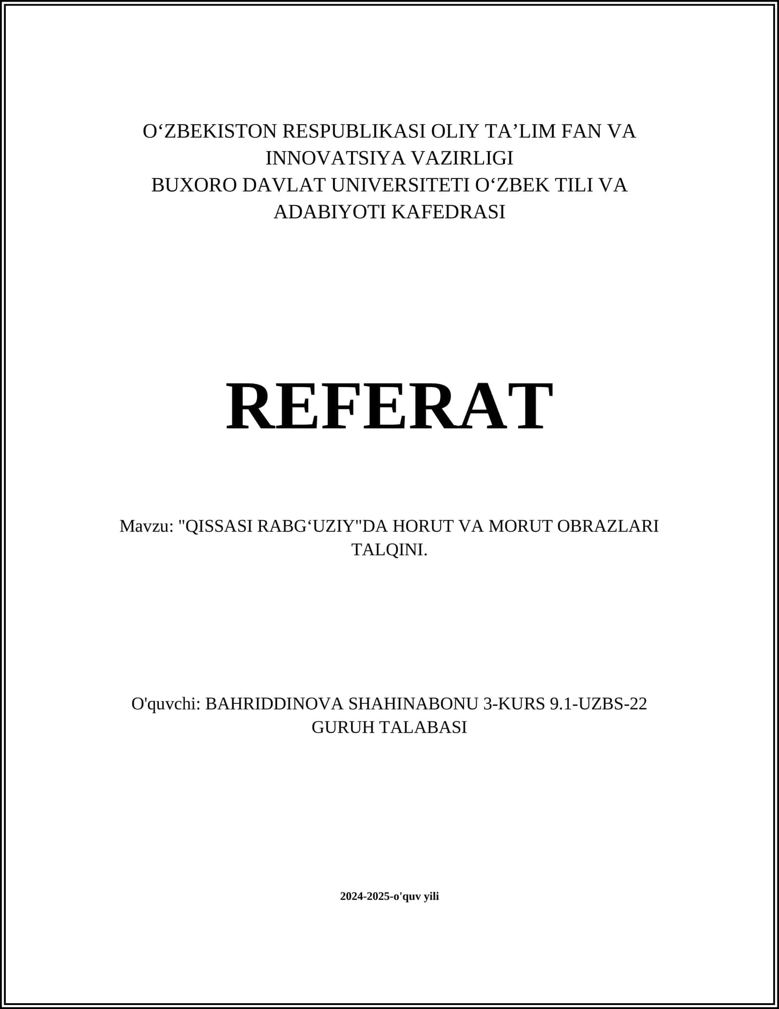 QISSASI RABGʻUZIY"DA HORUT VA MORUT OBRAZLARI TALQINI