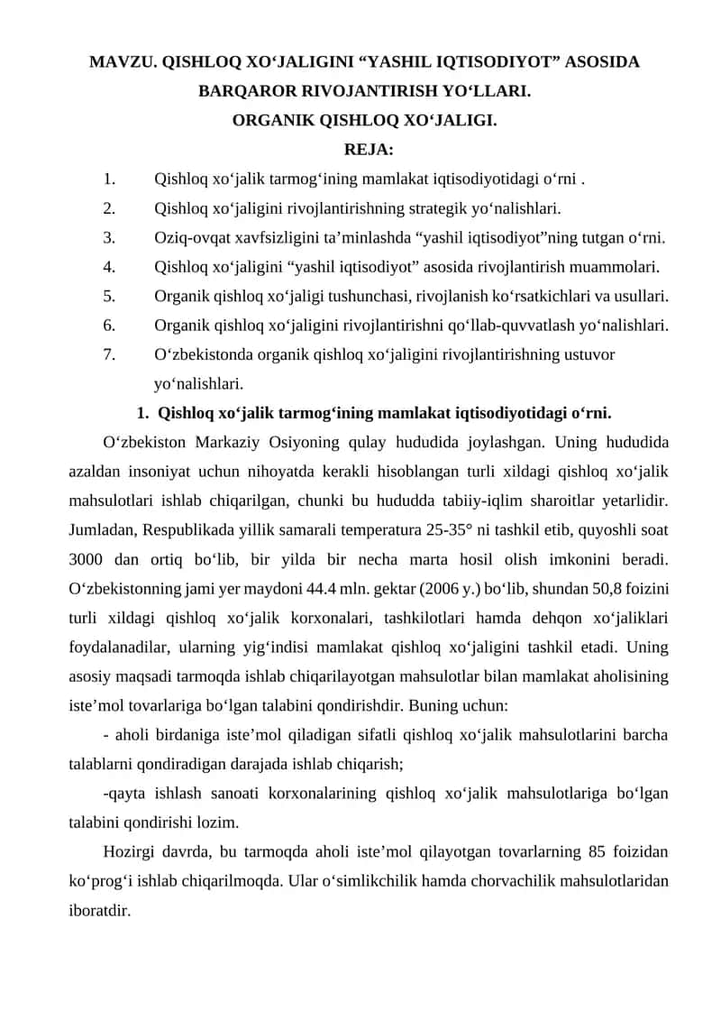 QISHLOQ XO‘JALIGINI “YASHIL IQTISODIYOT” ASOSIDA BARQAROR RIVOJANTIRISH YO‘LLARI. ORGANIK QISHLOQ XO‘JALIGI.