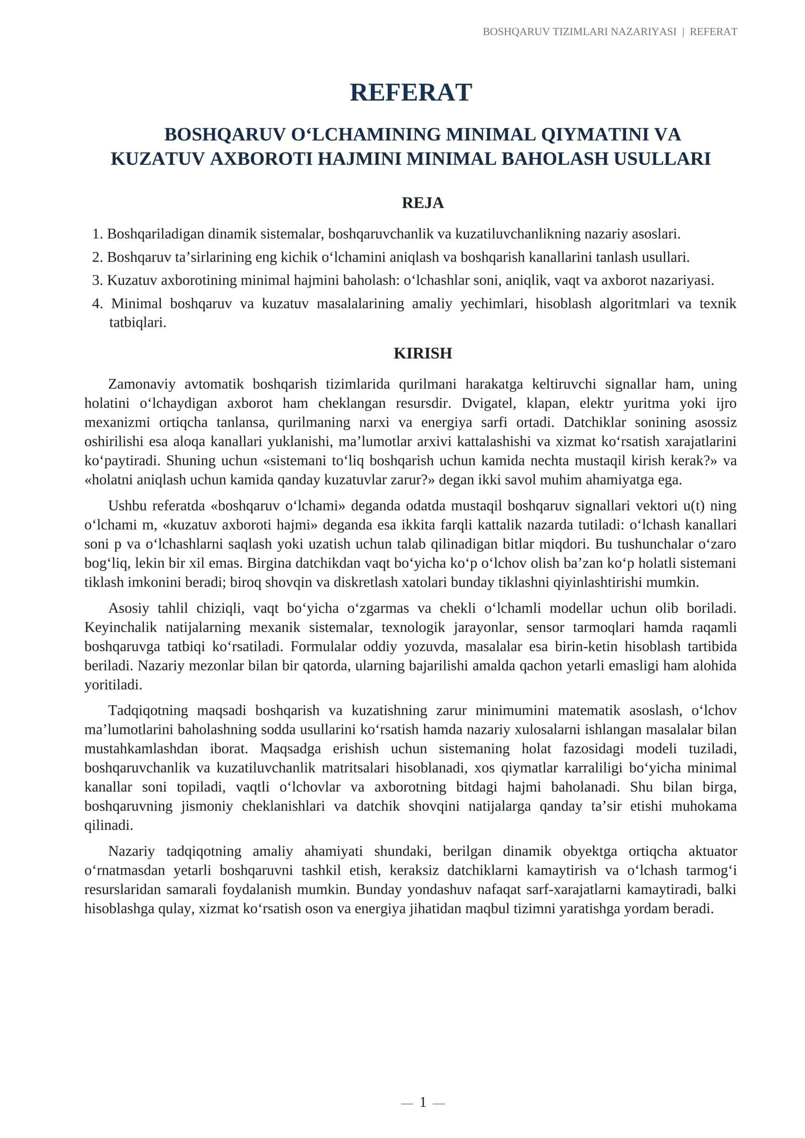 BOSHQARUV O‘LCHAMINING MINIMAL QIYMATINI VA KUZATUV AXBOROTI HAJMINI MINIMAL BAHOLASH USULLARI