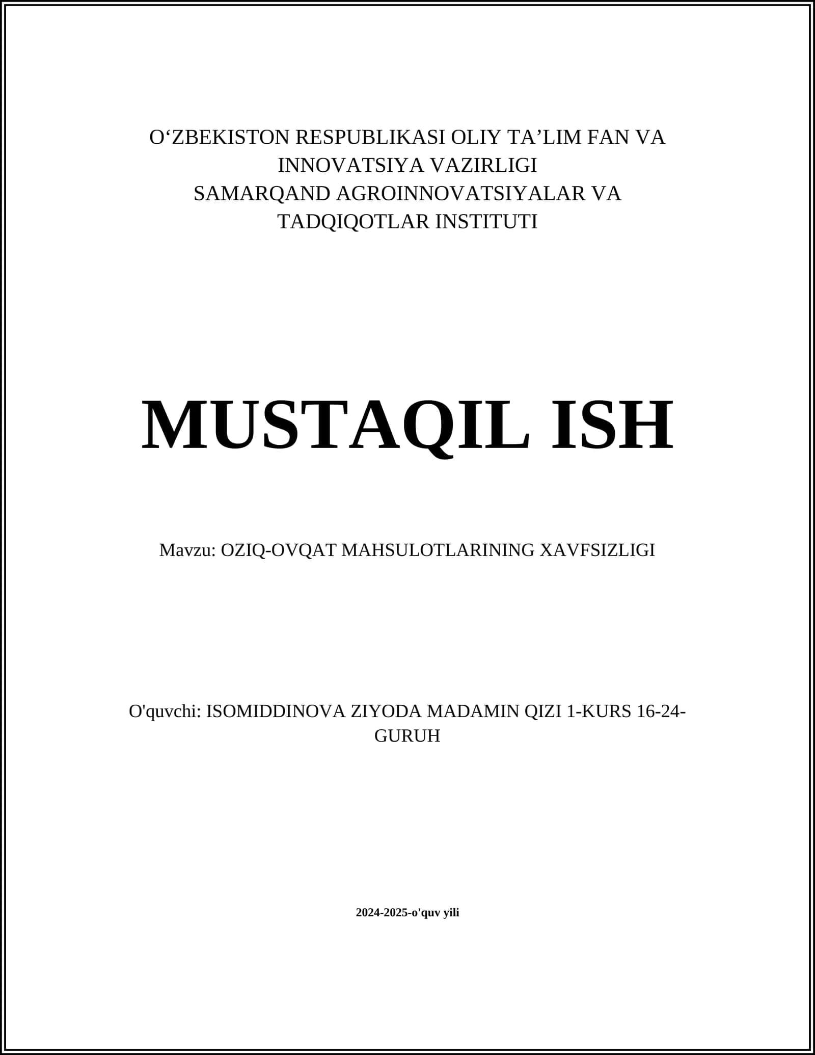 OZIQ-OVQAT MAHSULOTLARINING XAVFSIZLIGI