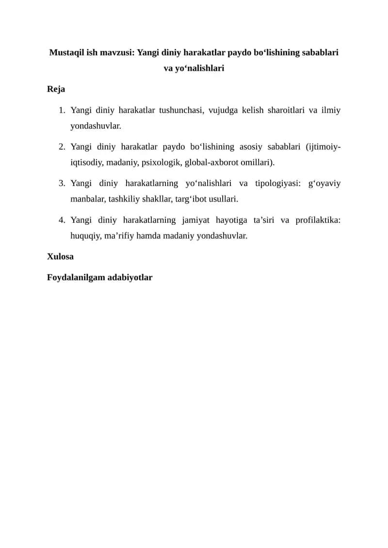 Yangi diniy harakatlar paydo bo‘lishining sabablari va yo‘nalishlari