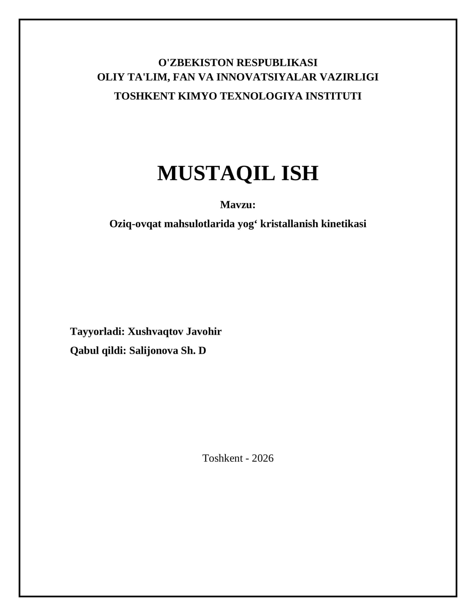 Oziq-ovqat mahsulotlarida yog‘ kristallanish kinetikasi