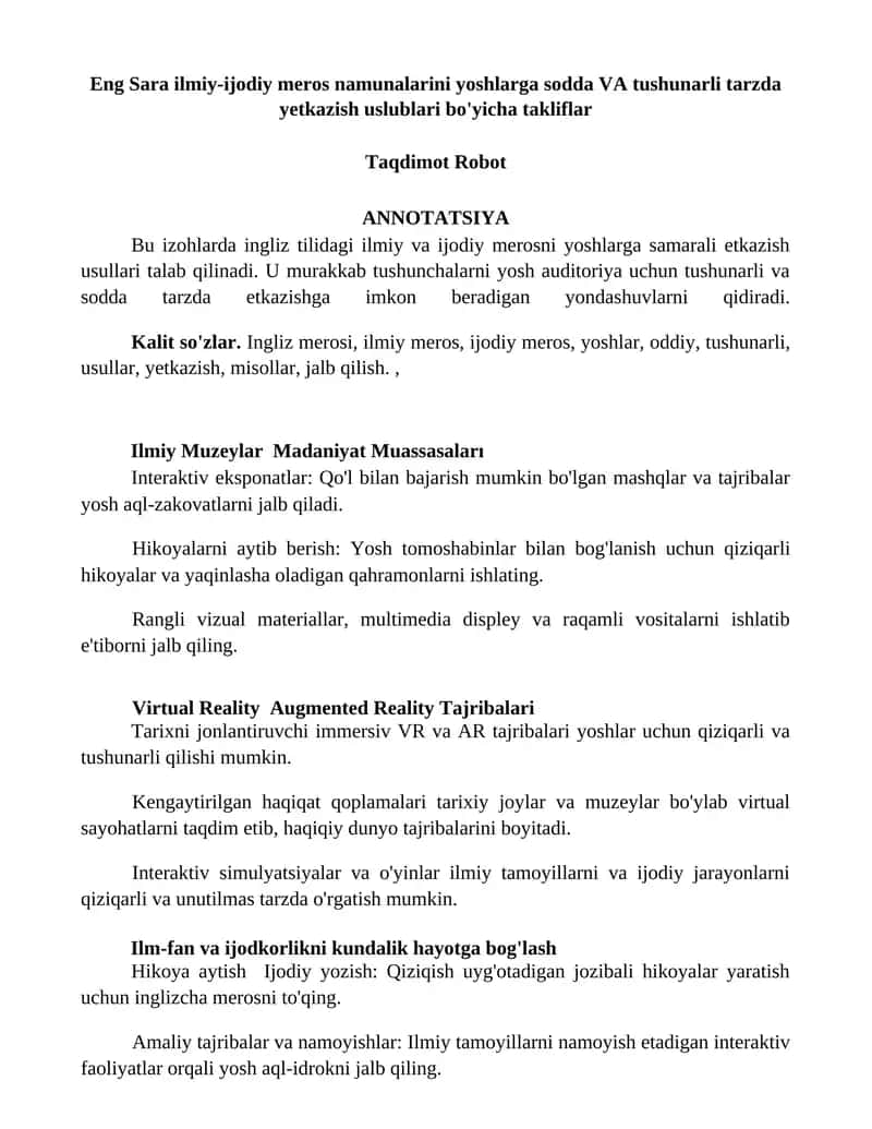 Eng Sara ilmiy-ijodiy meros namunalarini yoshlarga sodda VA tushunarli tarzda yetkazish uslublari bo'yicha takliflar