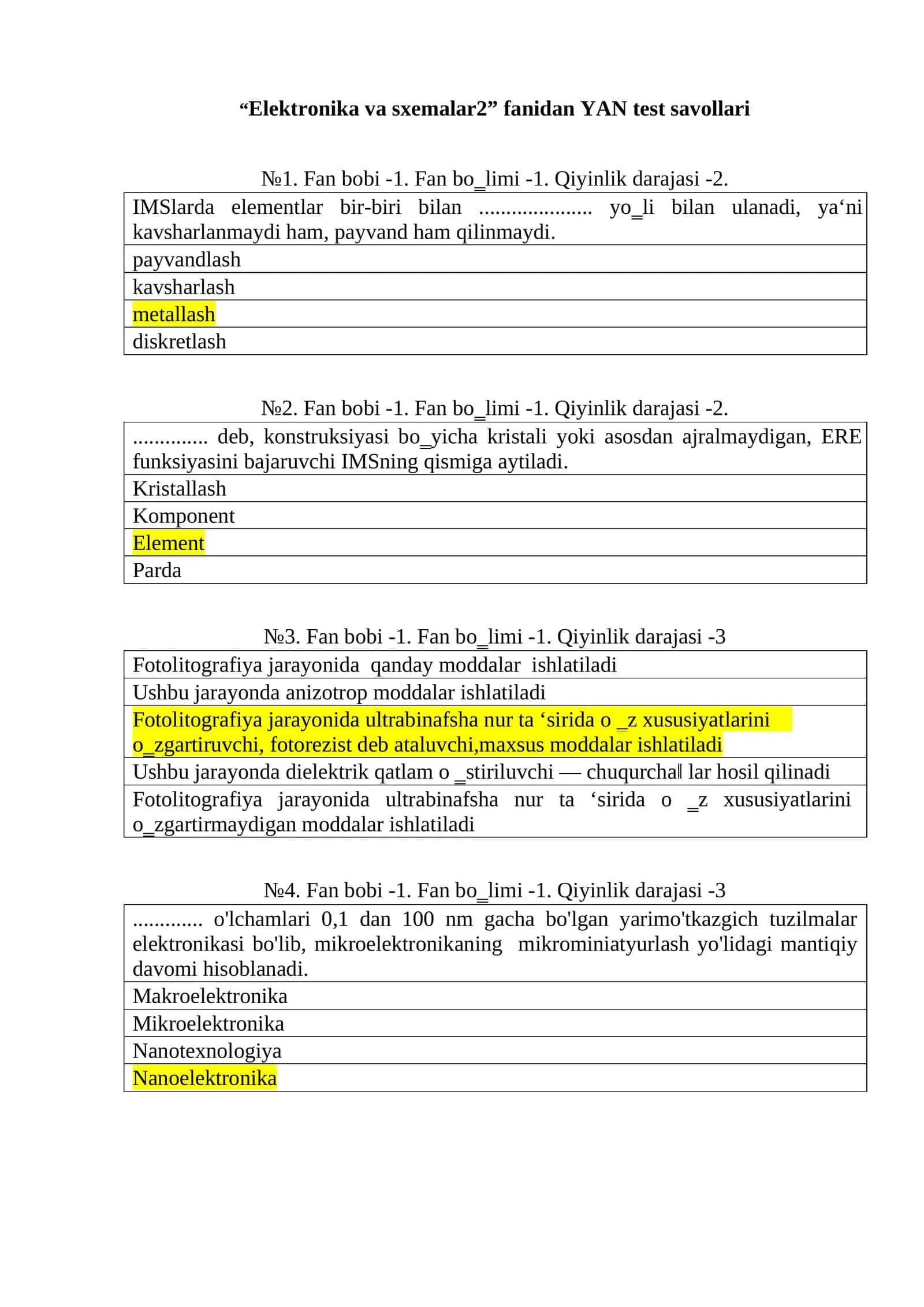 Elektronika va sxemalar2 test savollari