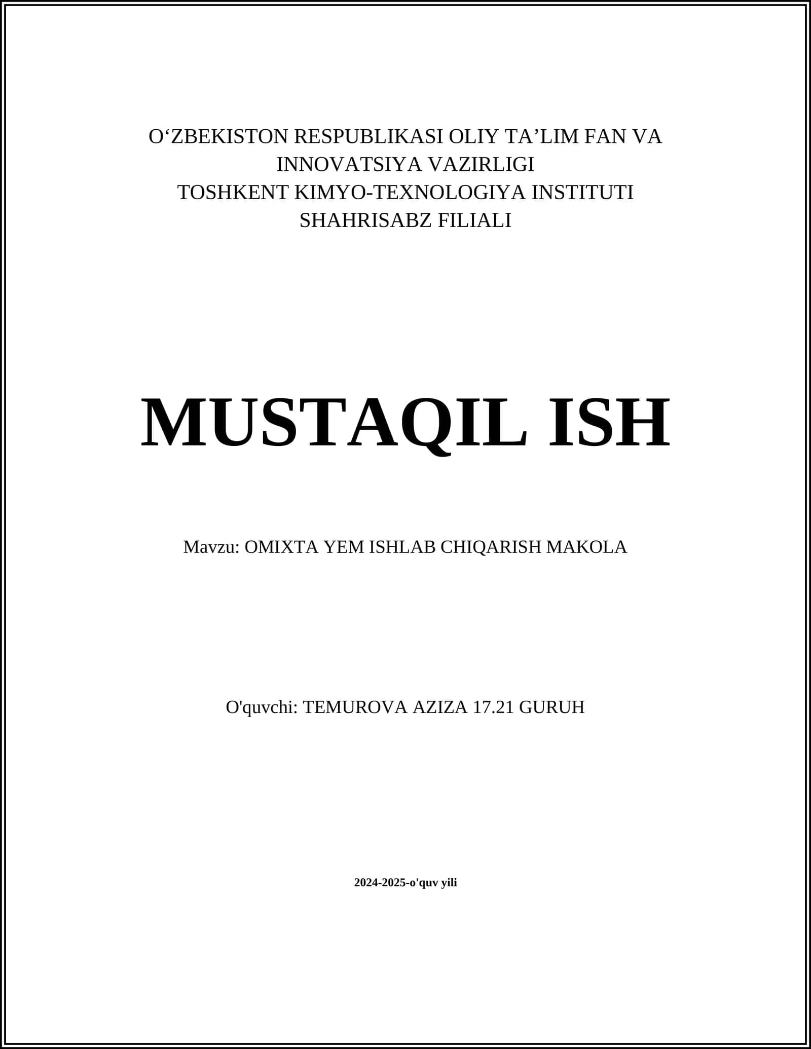 OMIXTA YEM ISHLAB CHIQARISH MAKOLA