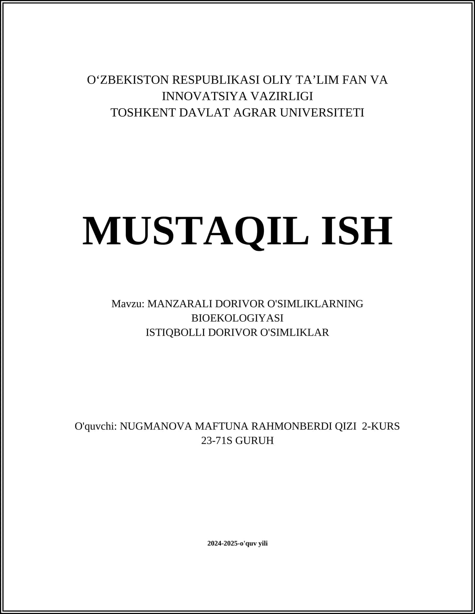 MANZARALI DORIVOR O'SIMLIKLARNING BIOEKOLOGIYASI