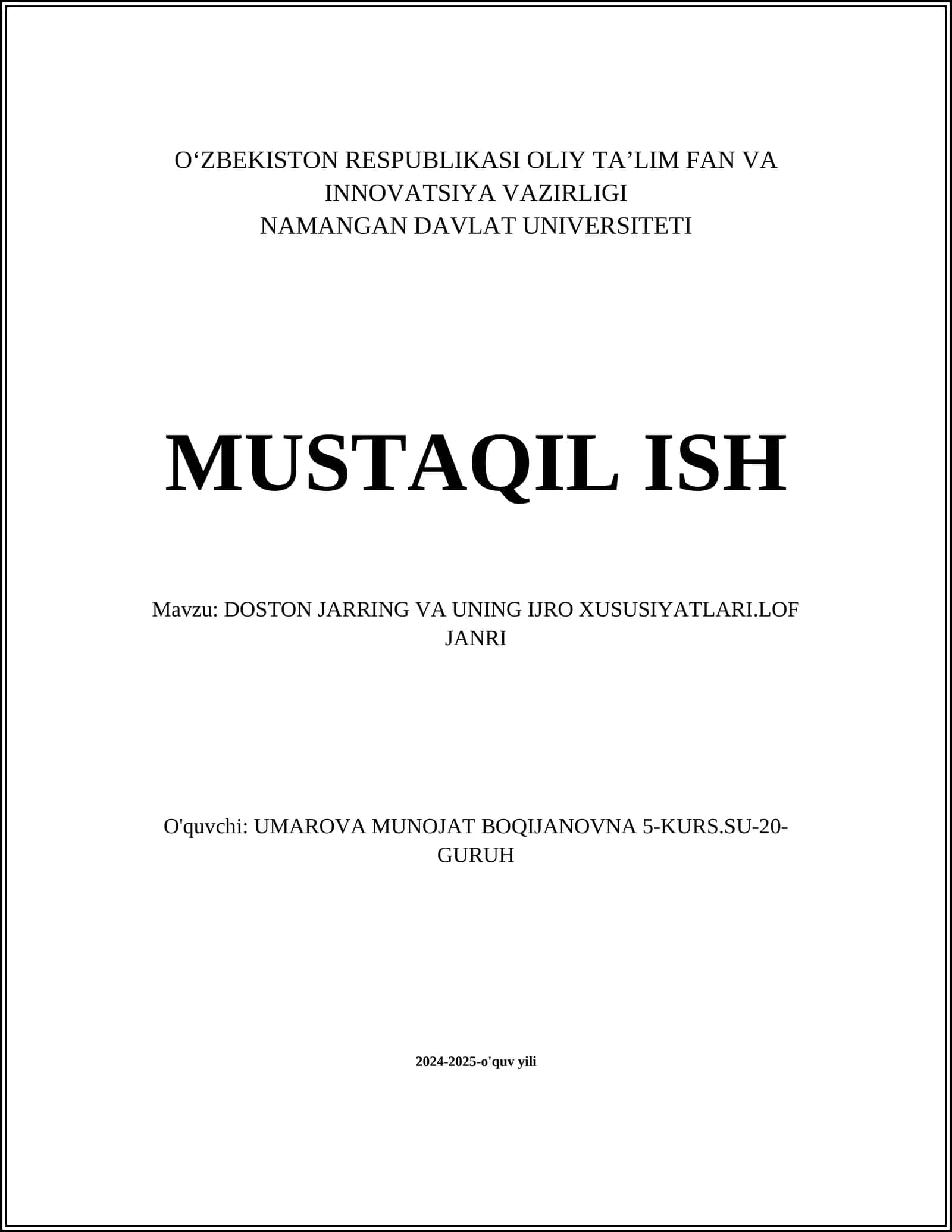 DOSTON JARRING VA UNING IJRO XUSUSIYATLARI.LOF JANRI
