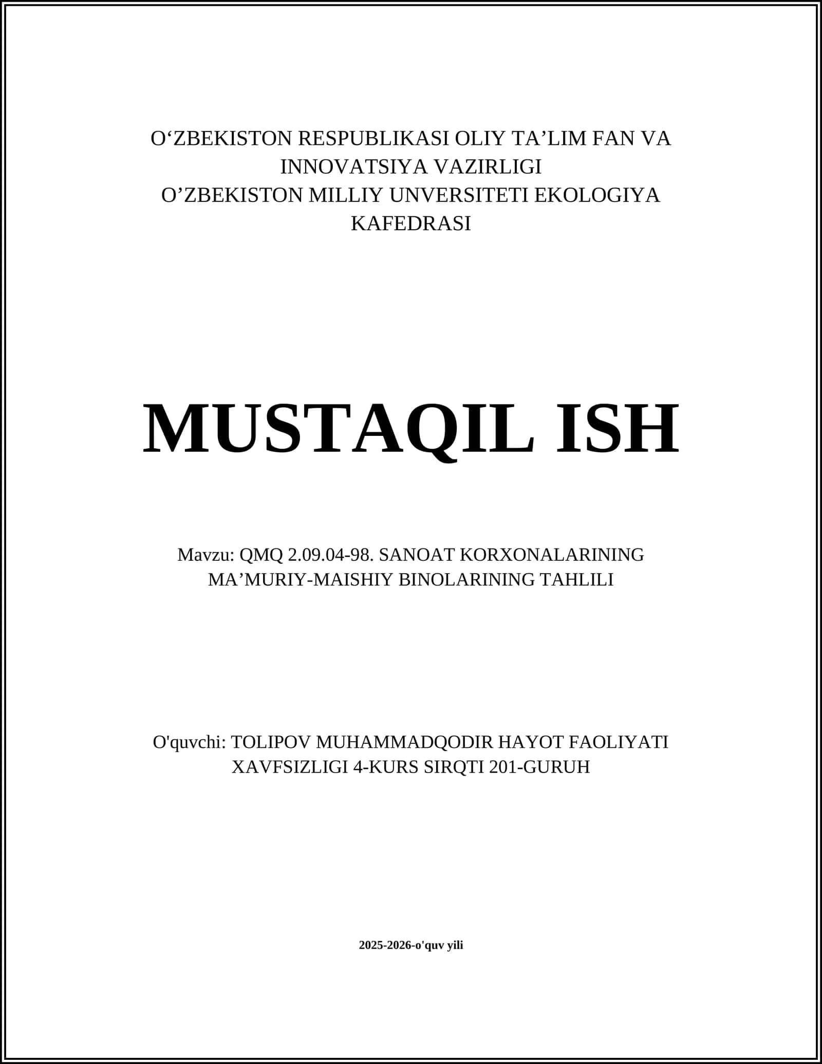 QMQ 2.09.04-98 SANOAT KORXONALARINING MA’MURIY-MAISHIY BINOLARINING TAHLILI