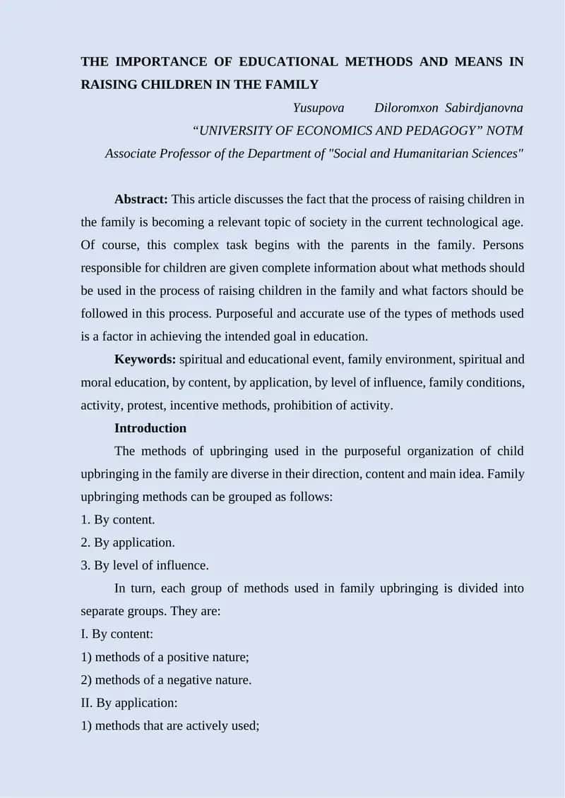 THE IMPORTANCE OF EDUCATIONAL METHODS AND MEANS IN RAISING CHILDREN IN THE FAMILY