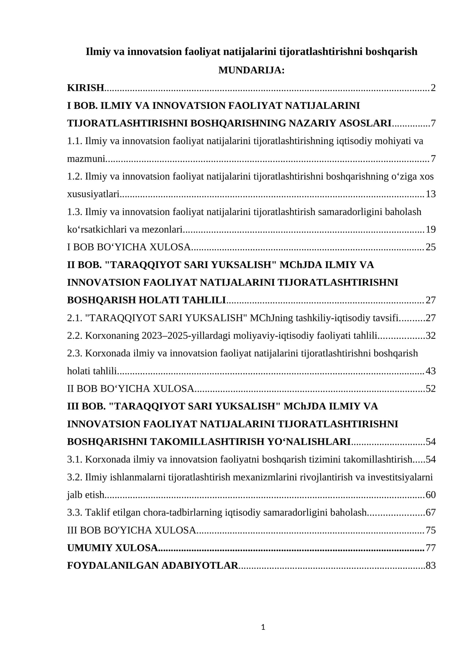 Ilmiy va innovatsion faoliyat natijalarini tijoratlashtirishni boshqarish