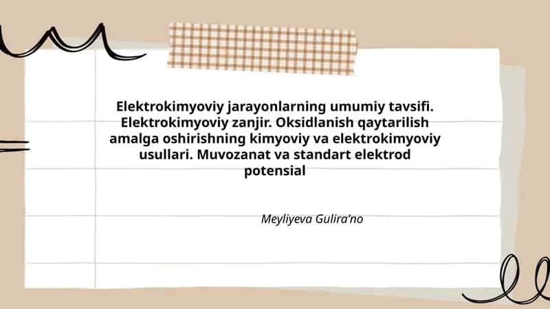 Elektrokimyoviy jarayonlarning umumiy tavsifi