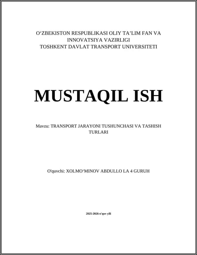 Transport Jarayoni Tushunchasi va Tashish Turlari