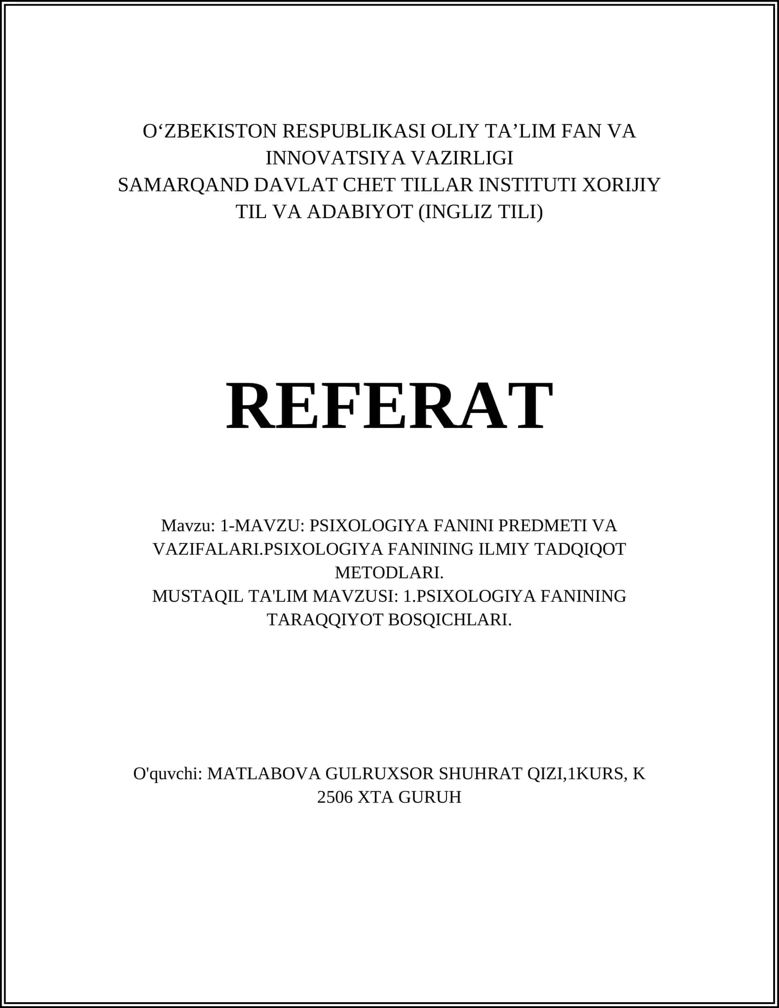 PSIXOLOGIYA FANINI PREDMETI VA VAZIFALARI