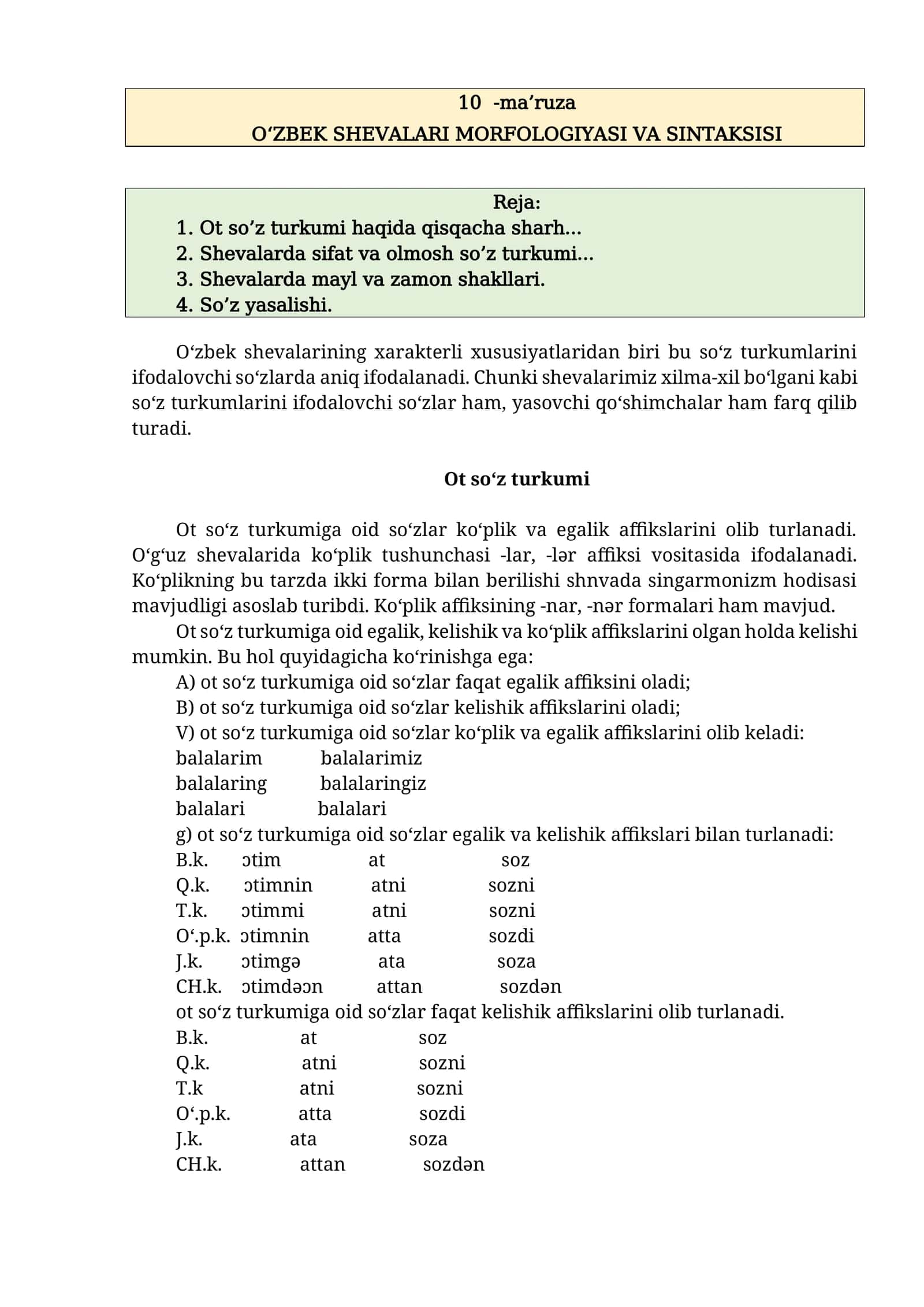 O‘ZBEK SHEVALARI MORFOLOGIYASI VA SINTAKSISI
