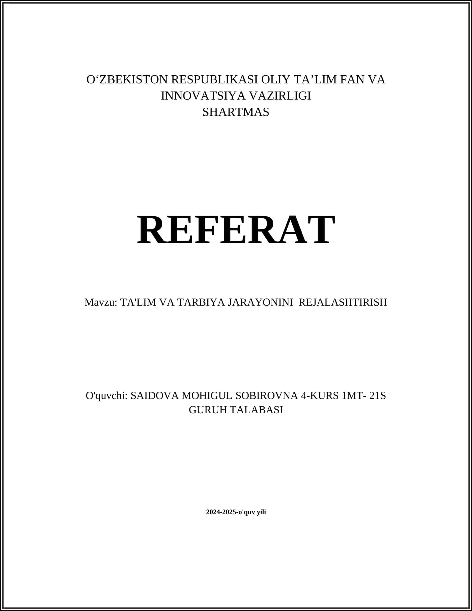 TA'LIM VA TARBIYA JARAYONINI REJALASHTIRISH