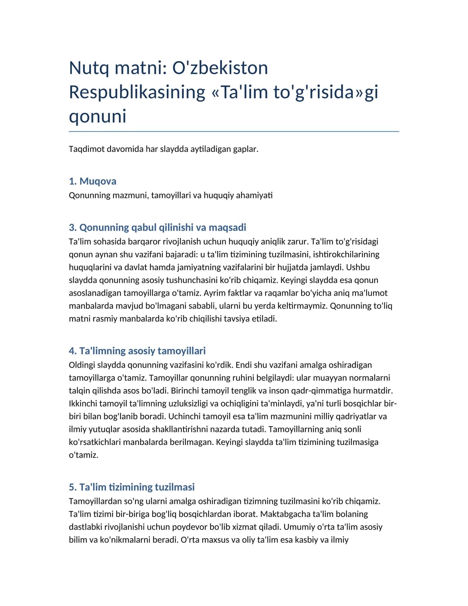 Nutq matni: O'zbekiston Respublikasining «Ta'lim to'g'risida»gi qonuni