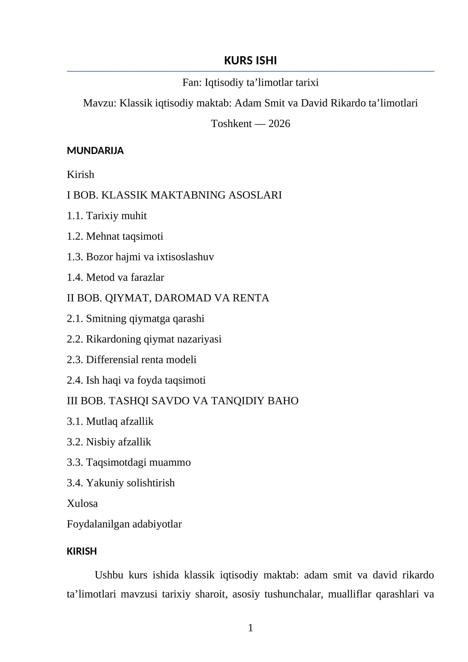Klassik iqtisodiy maktab: Adam Smit va David Rikardo ta’limotlari