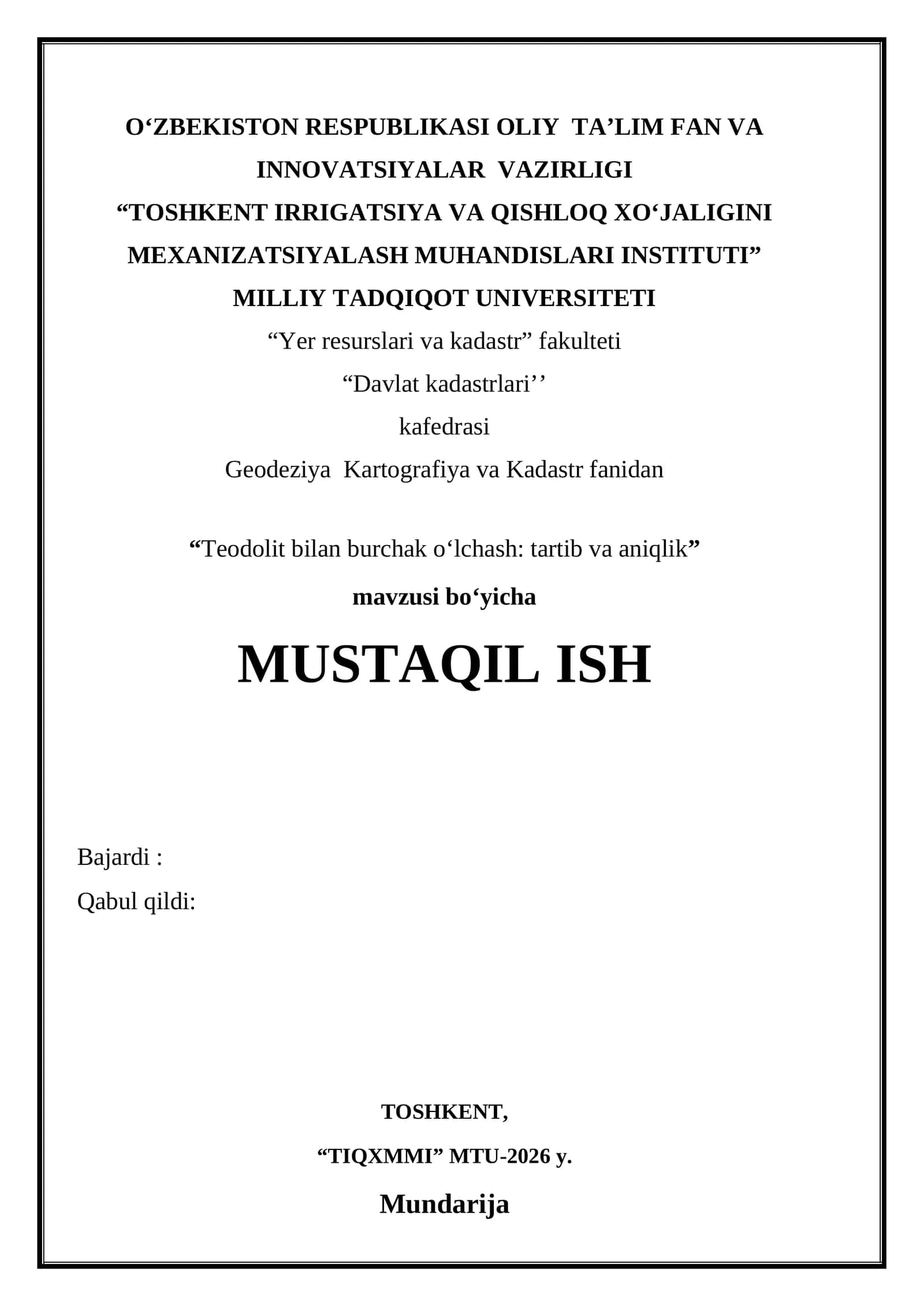 Teodolit bilan burchak o‘lchash tartib va aniqlik
