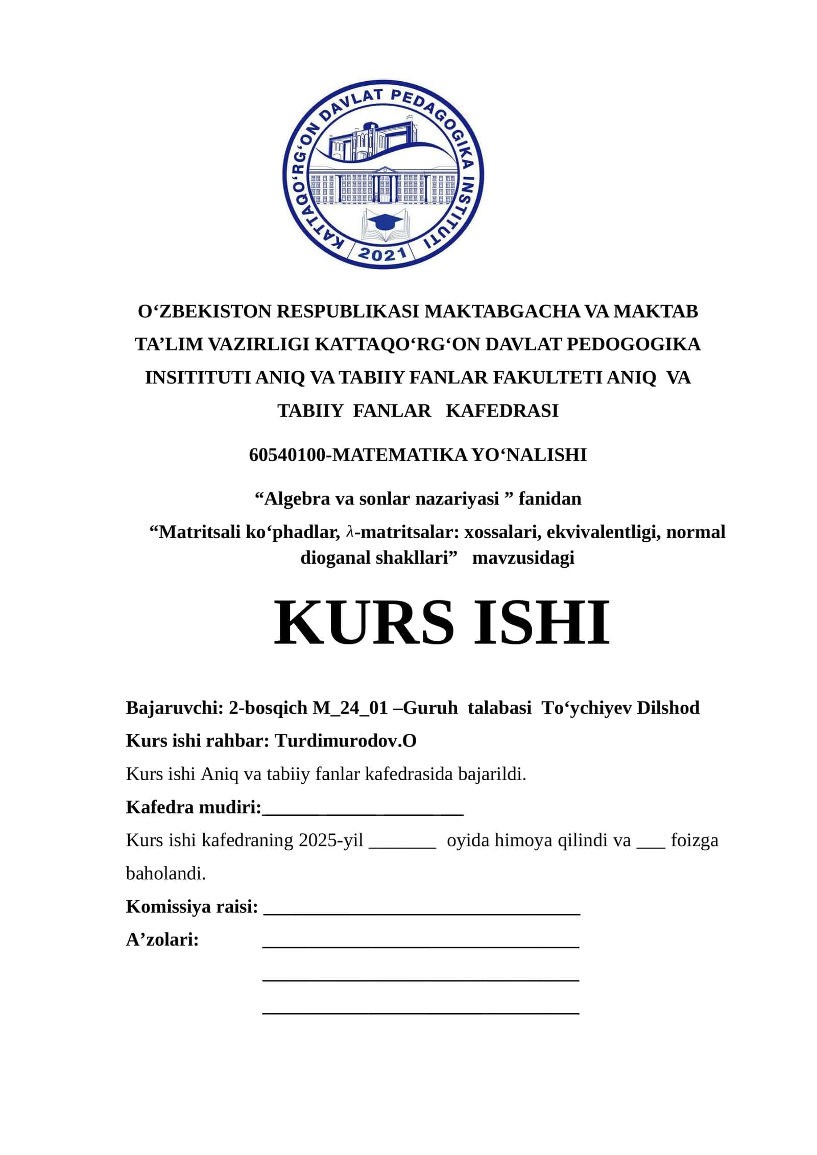 "Algebra va sonlar nazariyasi"