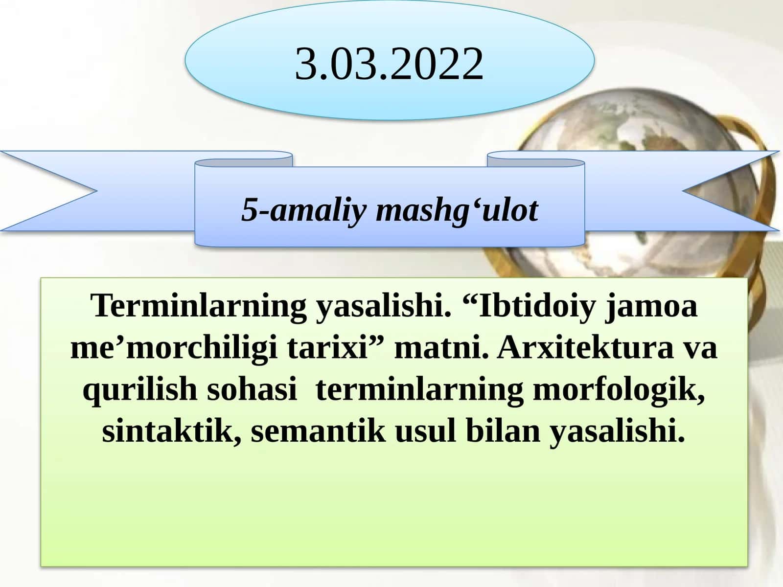 Terminlarning yasalishi. “Ibtidoiy jamoa me’morchiligi tarixi” matni. Arxitektura va qurilish sohasiterminlarning morfologik, sintaktik, semantik usul bilanyasalishi