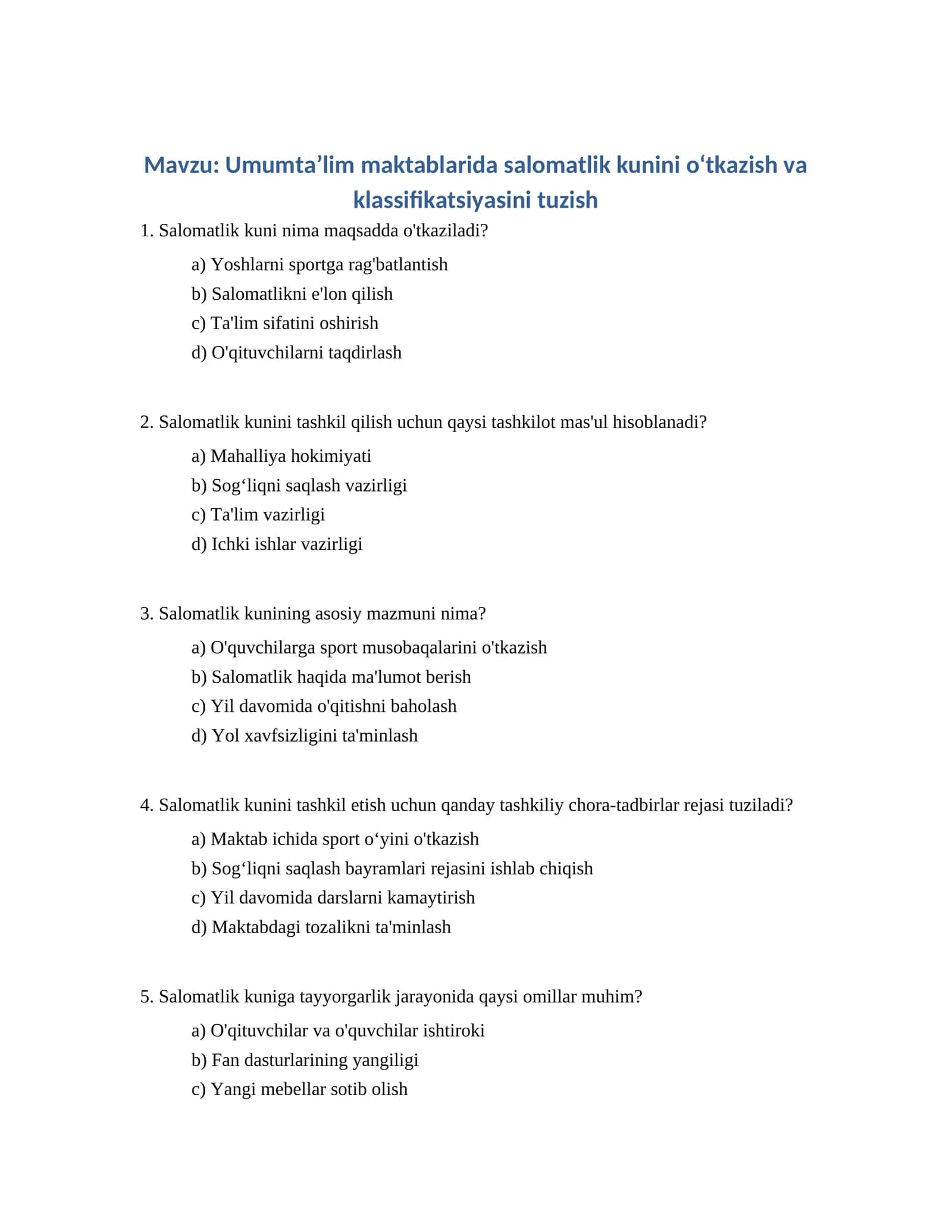 Salomatlik kunini tashkil etish uchun tadbirlar rejasi