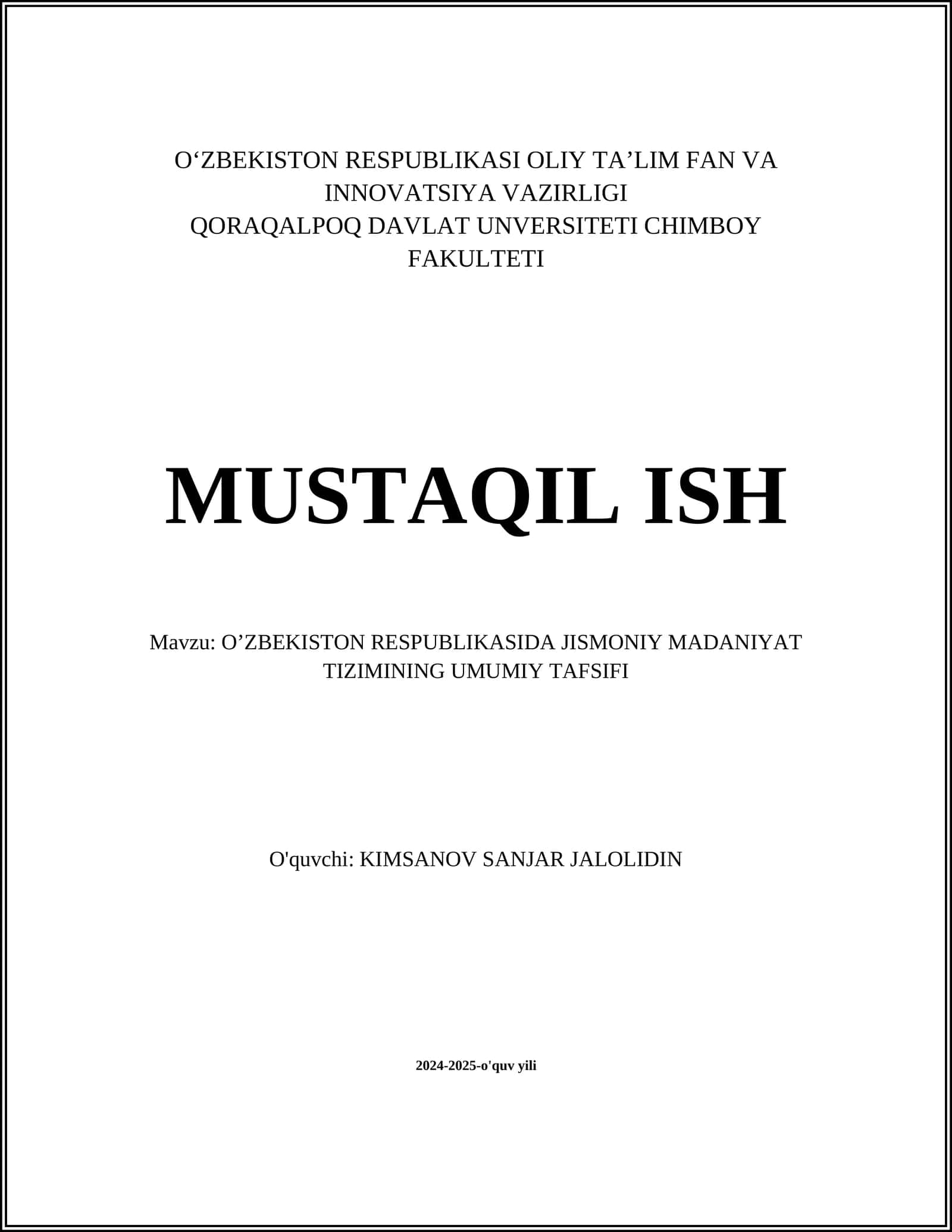O’ZBEKISTON RESPUBLIKASIDA JISMONIY MADANIYAT TIZIMINING UMUMIY TAFSIFI