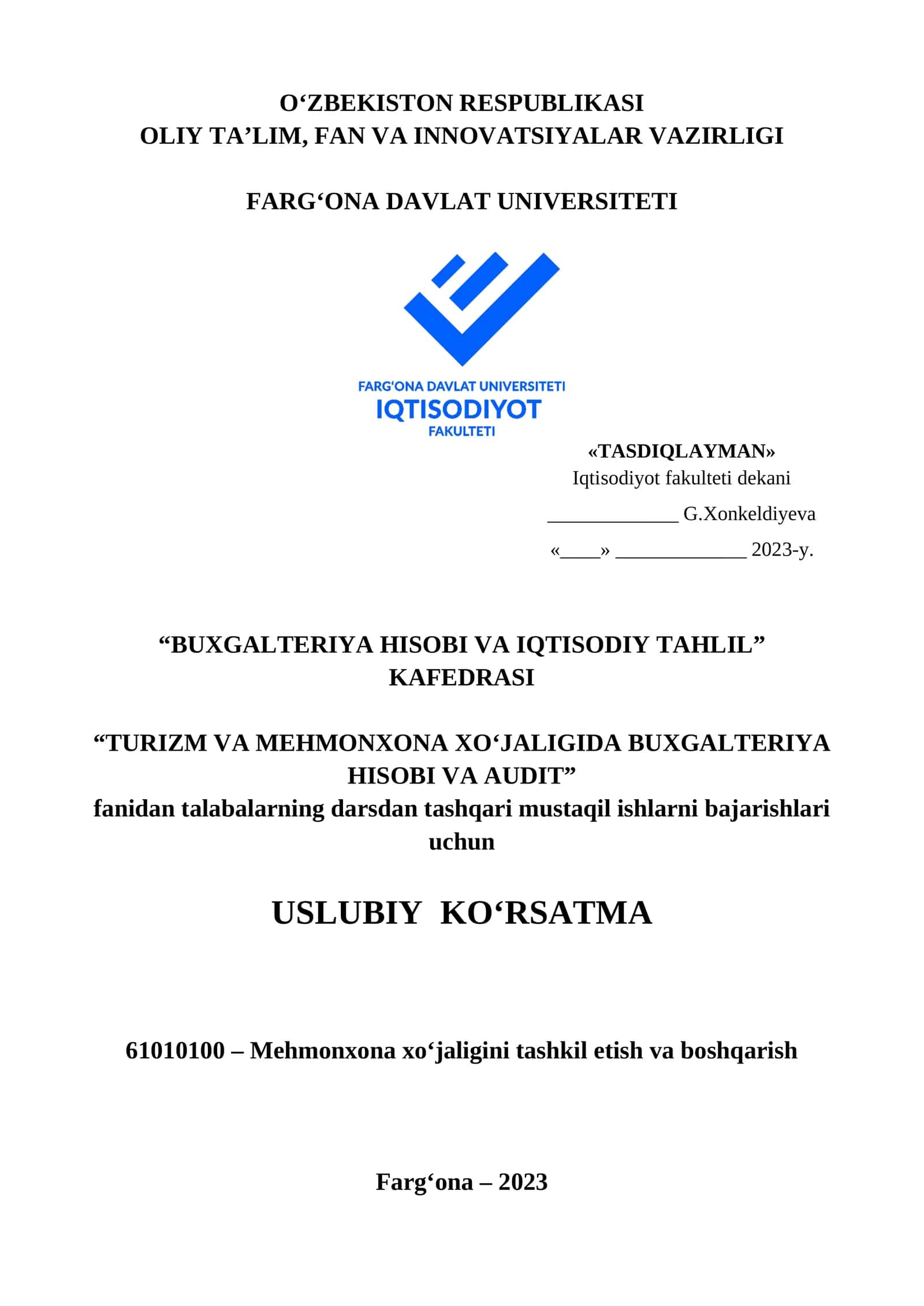 TURIZM VA MEHMONXONA XO‘JALIGIDA BUXGALTERIYA HISOBI VA AUDIT
