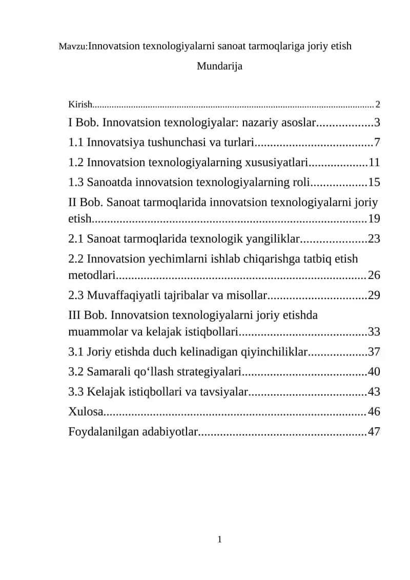 Innovatsion texnologiyalarni sanoat tarmoqlariga joriy etish