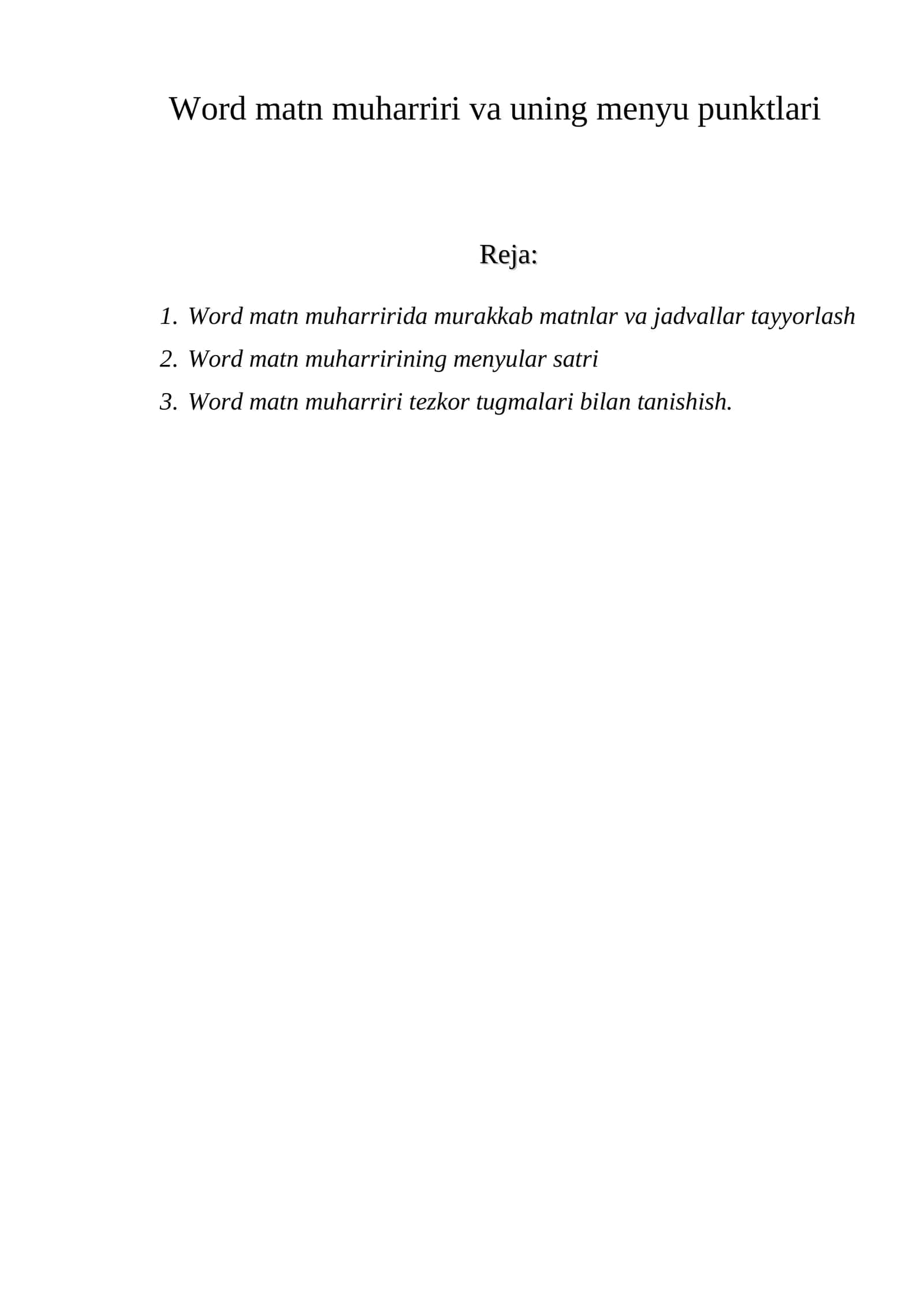 Word matn muharriri va uning menyu punktlari