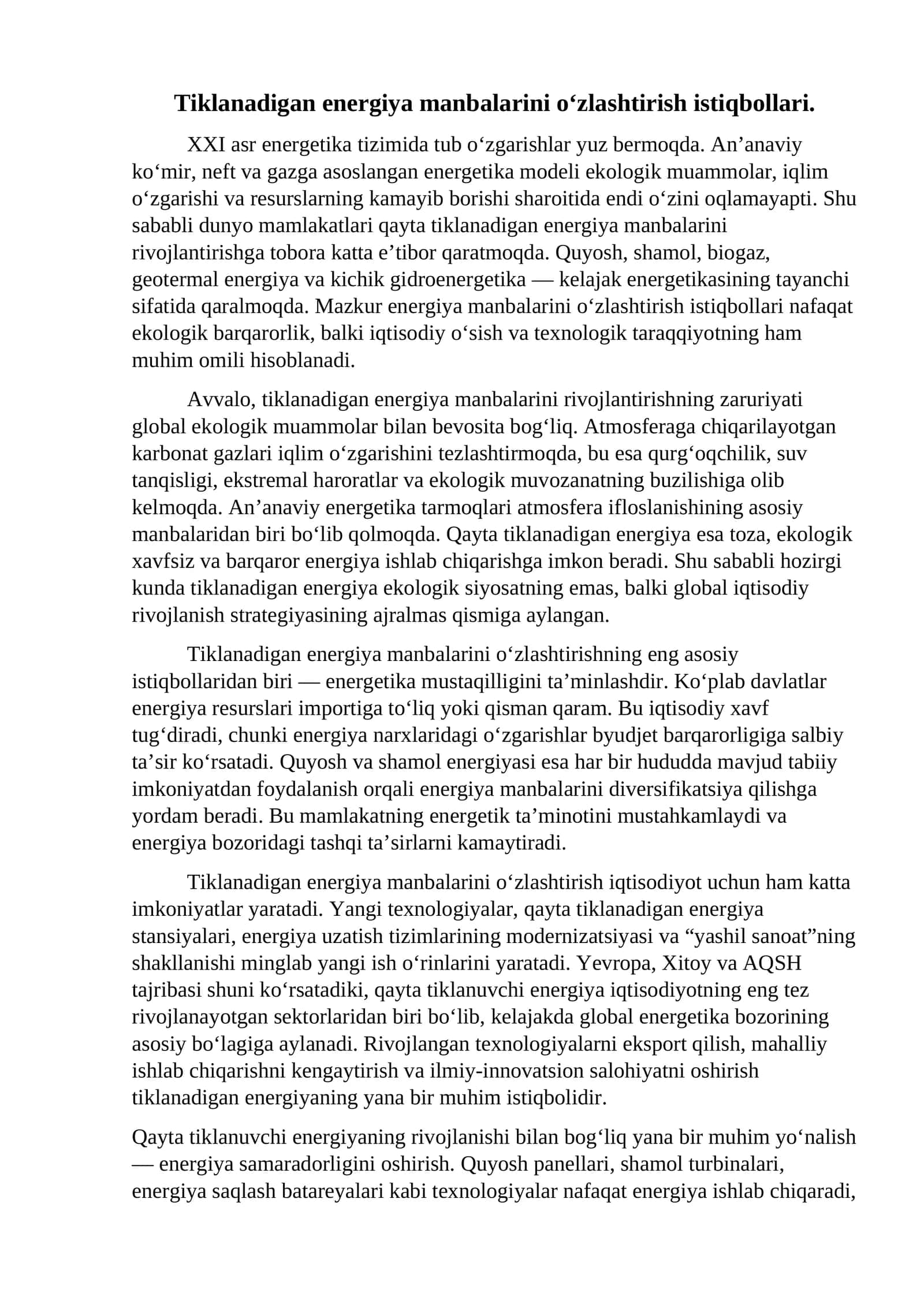 Tiklanadigan energiya manbalarini o‘zlashtirish istiqbollari