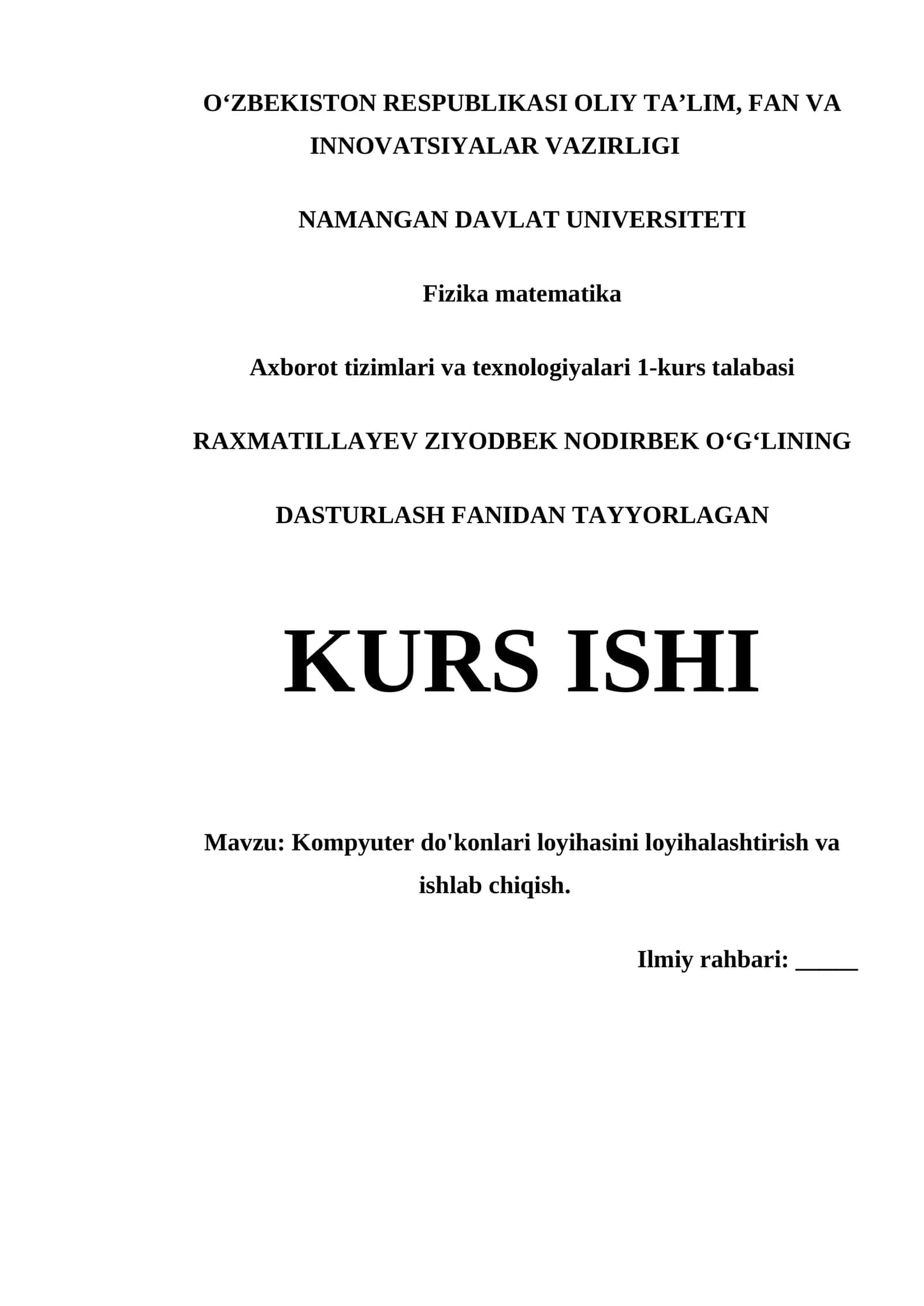 Kompyuter do'konlari loyihasini ishlab chiqish