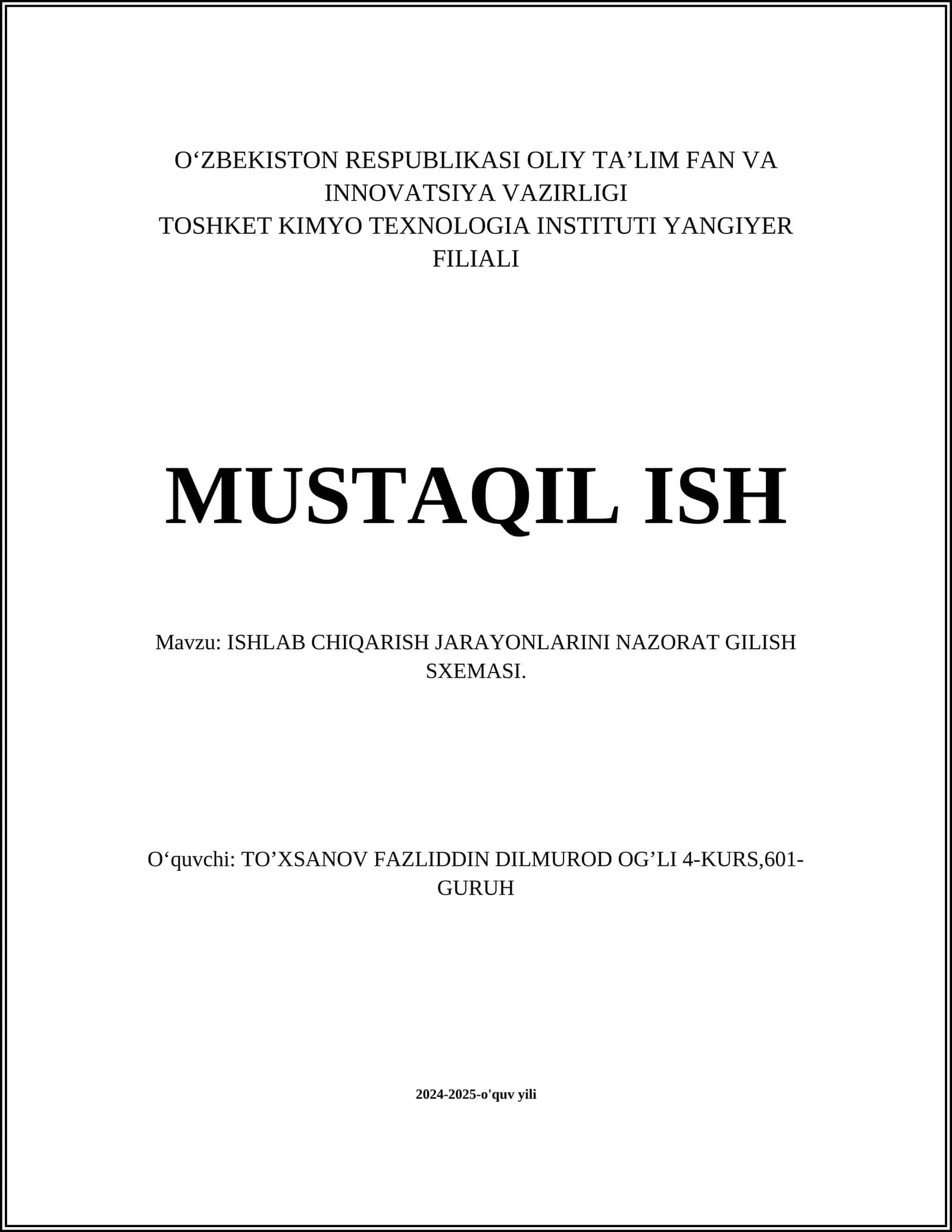 ISHLAB CHIQARISH JARAYONLARINI NAZORAT GILISH SXEMASI