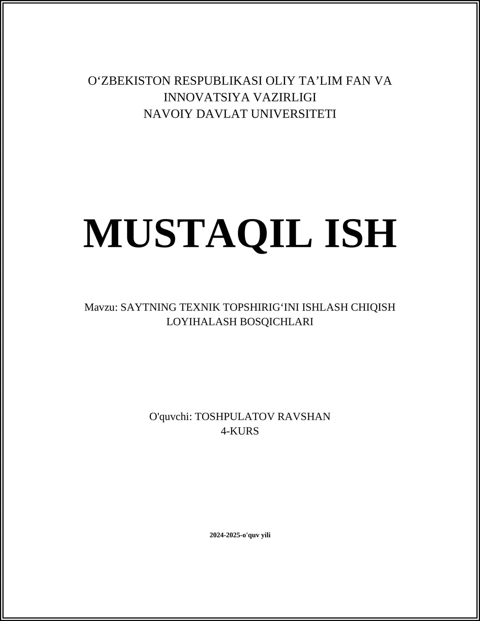 SAYTNING TEXNIK TOPSHIRIGʻINI ISHLASH CHIQISH LOYIHALASH BOSQICHLARI