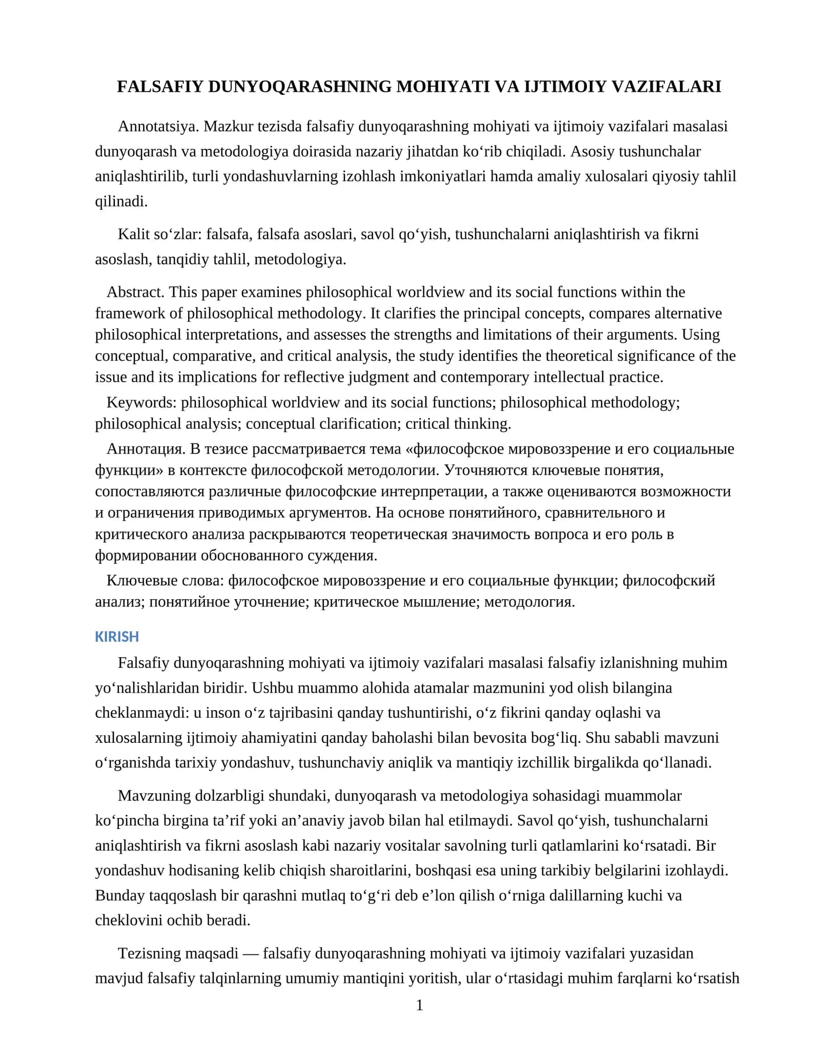 FALSAFIY DUNYOQARASHNING MOHIYATI VA IJTIMOIY VAZIFALARI