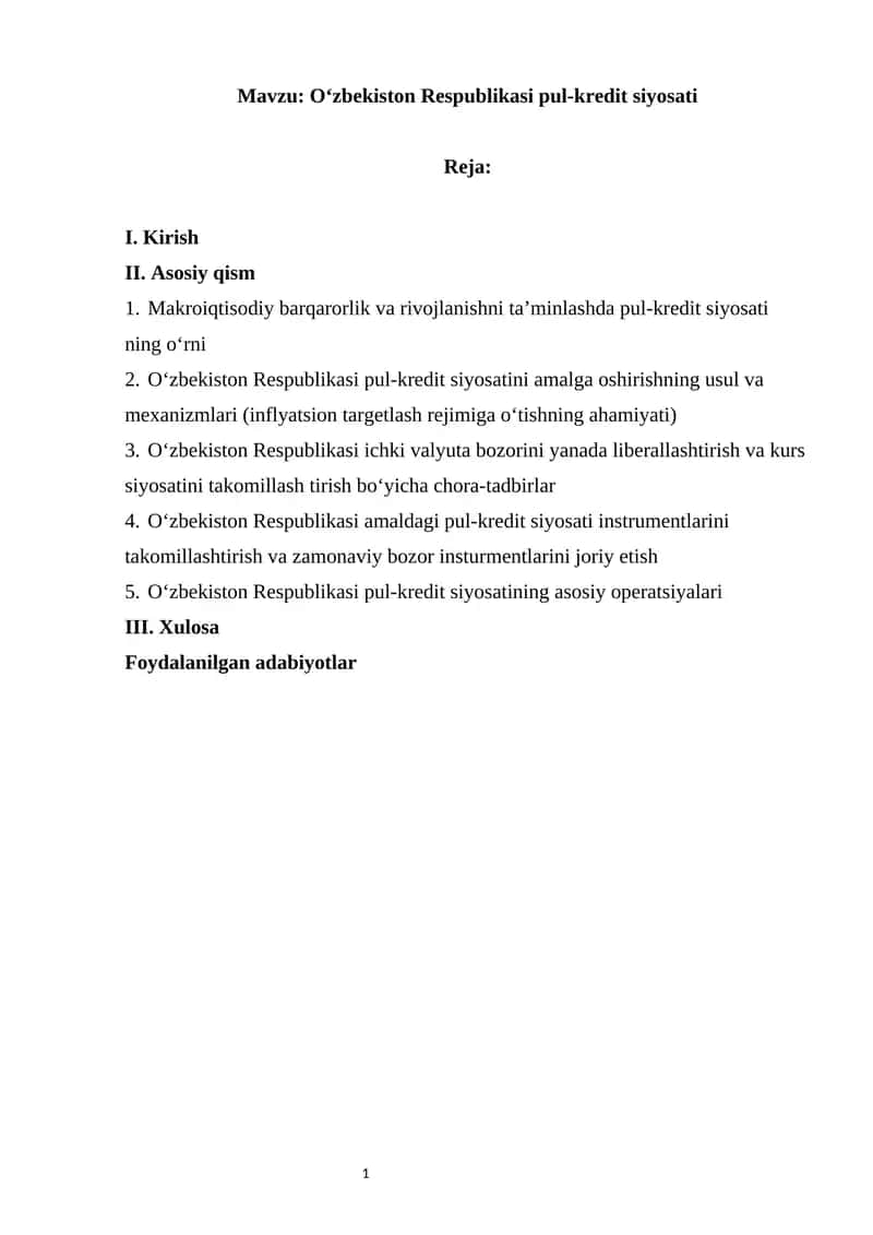 O‘zbekiston Respublikasi pul-kredit siyosati