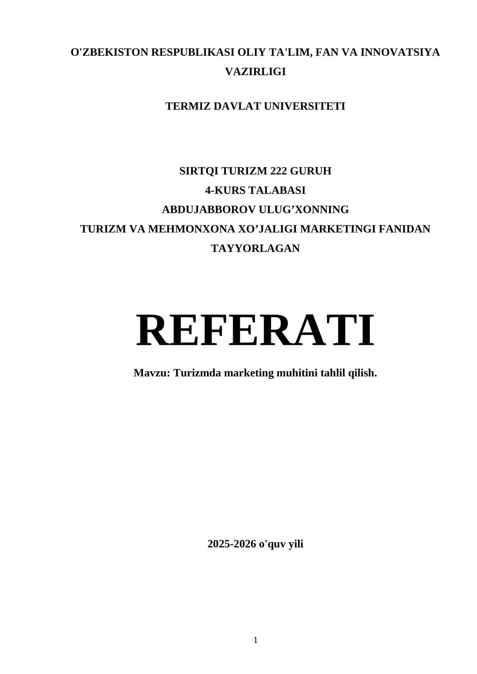 Turizmda marketing muhitini tahlil qilish