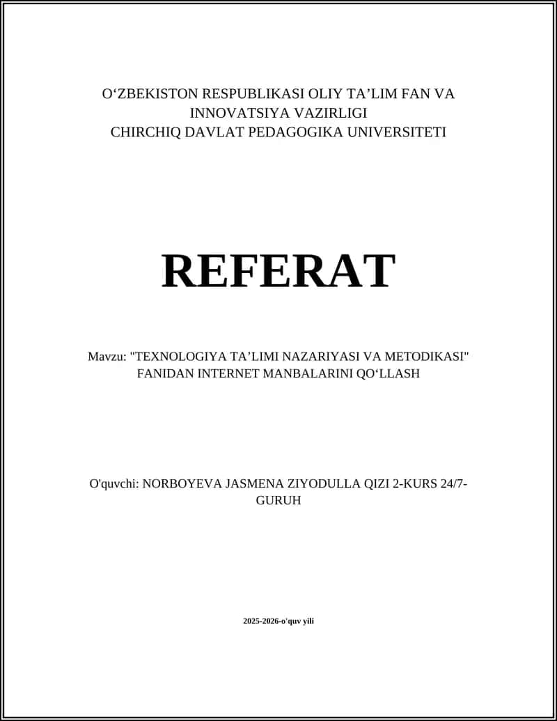 TEXNOLOGIYA TAʼLIMI NAZARIYASI VA METODIKASI