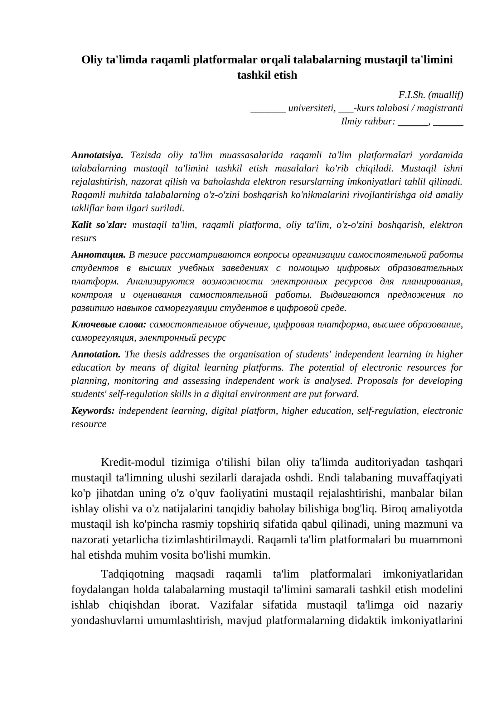 Na'muna tezis 02 Pedagogika Oliy talimda raqamli platformalar orqali talabalarning musta namuna