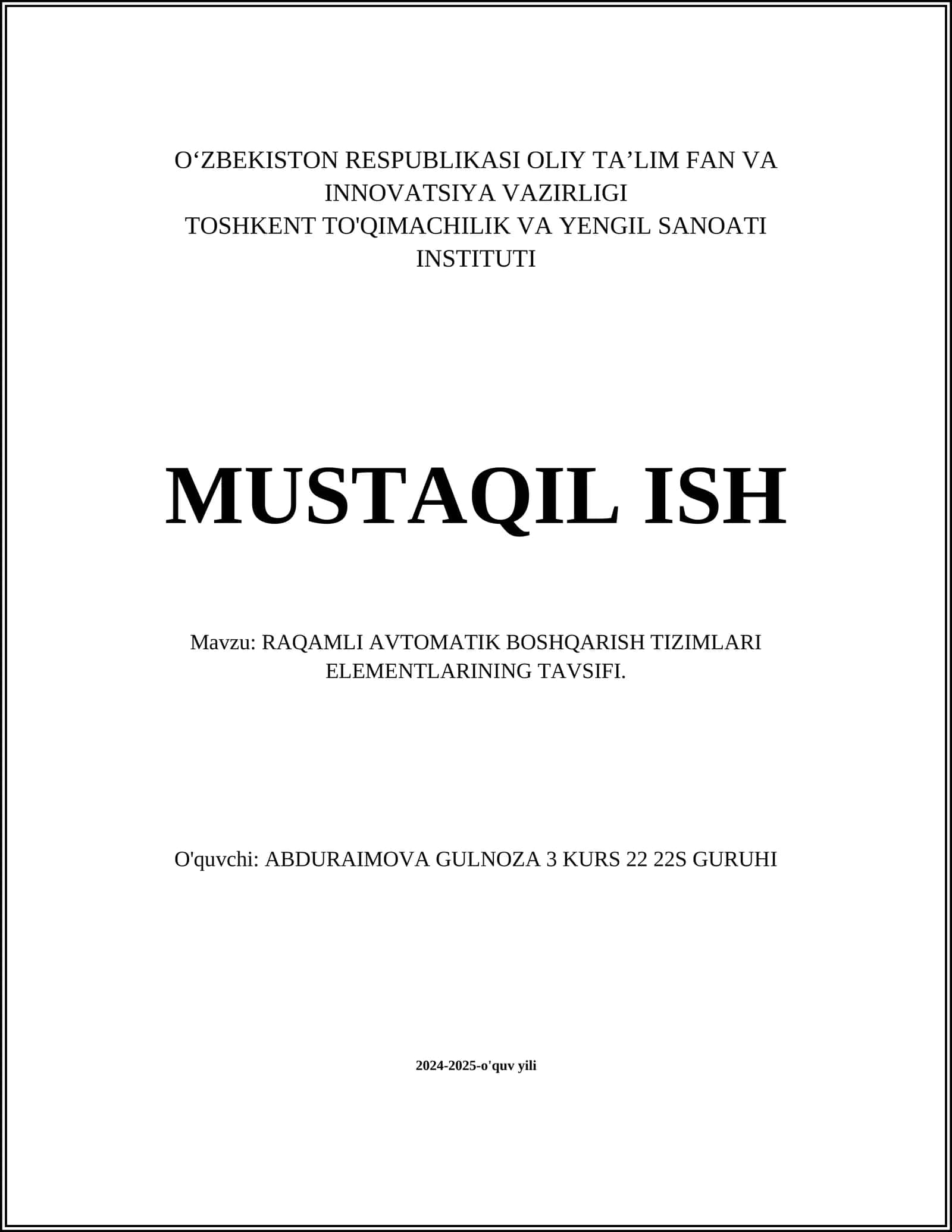 RAQAMLI AVTOMATIK BOSHQARISH TIZIMLARI ELEMENTLARINING TAVSIFI