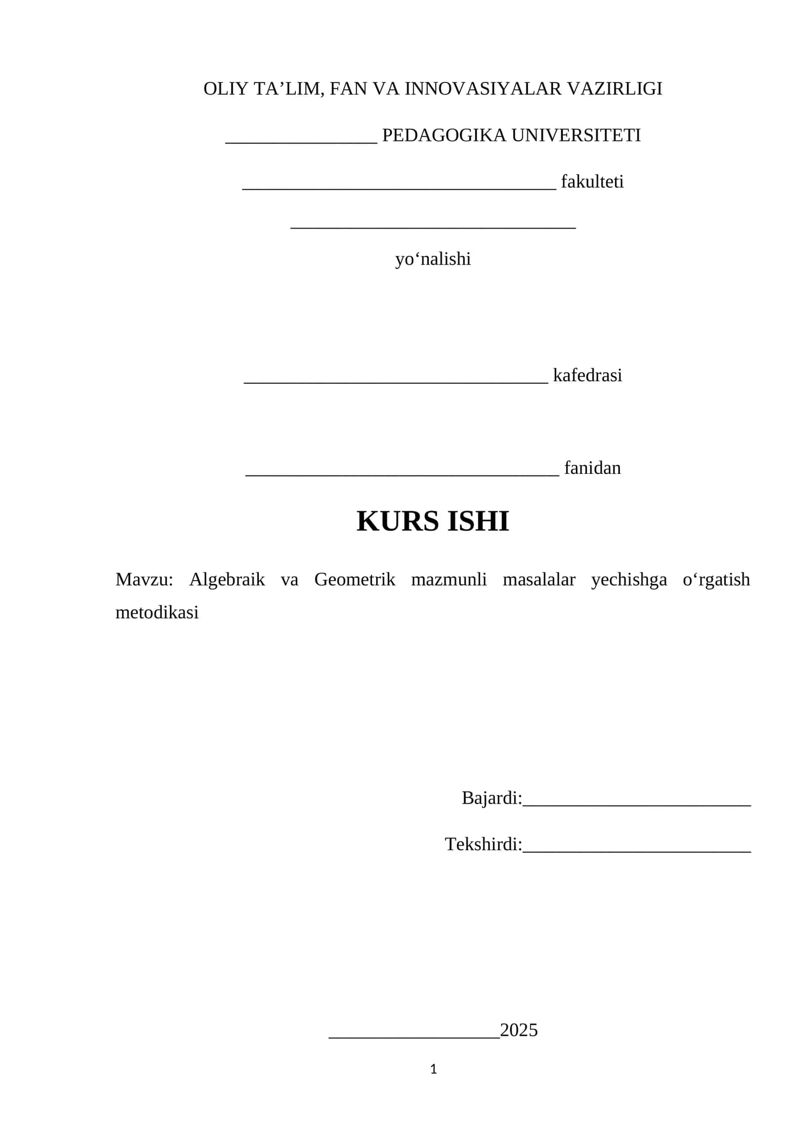 Algebraik va Geometrik mazmunli masalalar yechishga oʻrgatish metodikasi