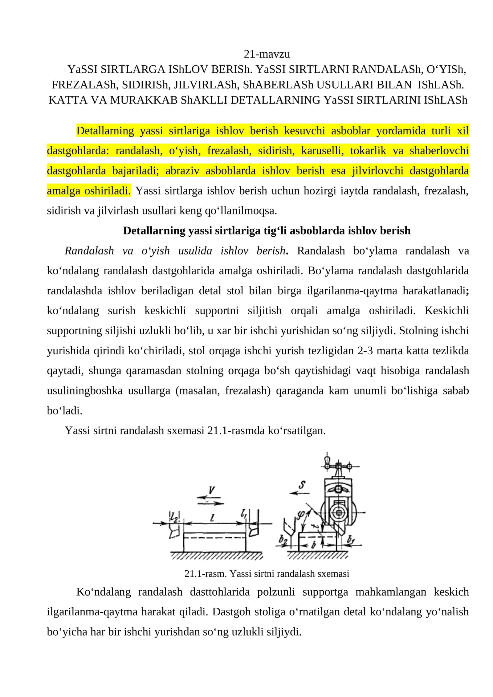 Yassi sirtlarga ishlov berish