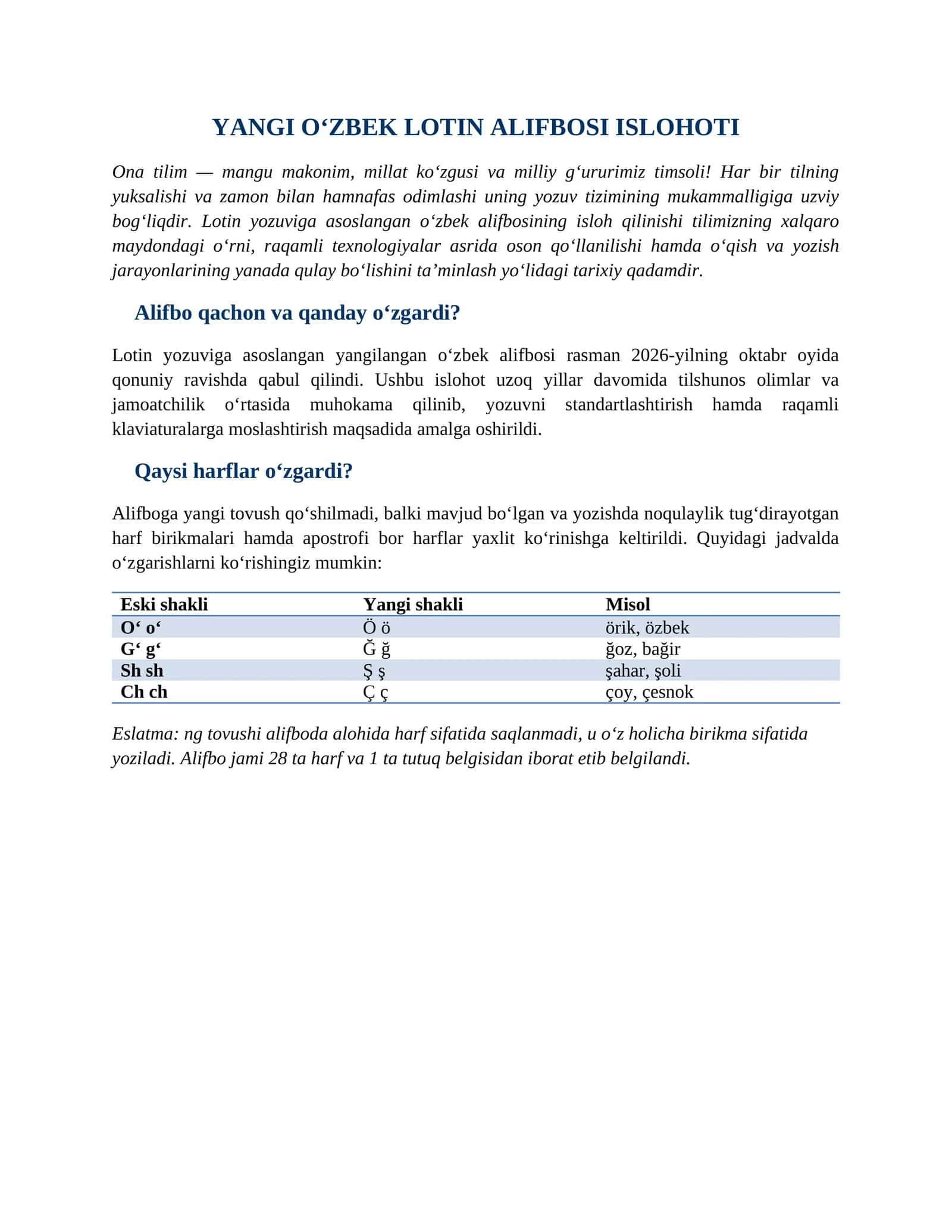 YANGI OʻZBEK LOTIN ALIFBOSI ISLOHOTI