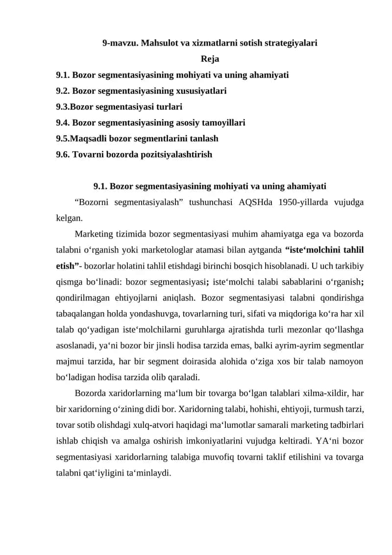 Bozor segmentasiyasining mohiyati va uning ahamiyati